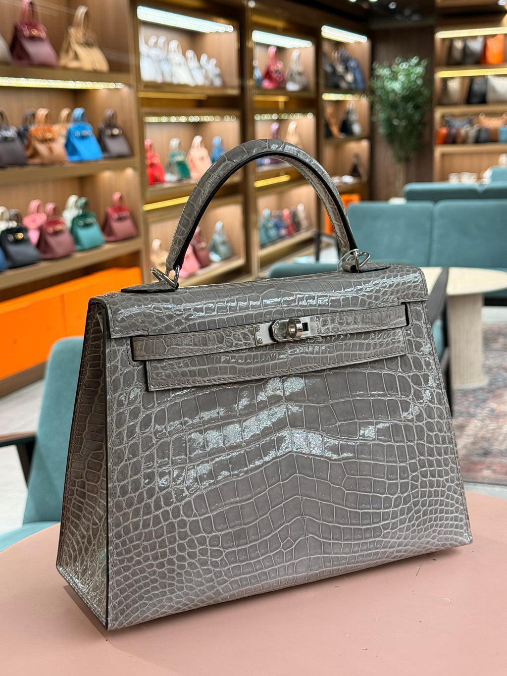 Hermes | Kelly (25) – Crocodile – Gris T (Grey) – Palladium Hardware