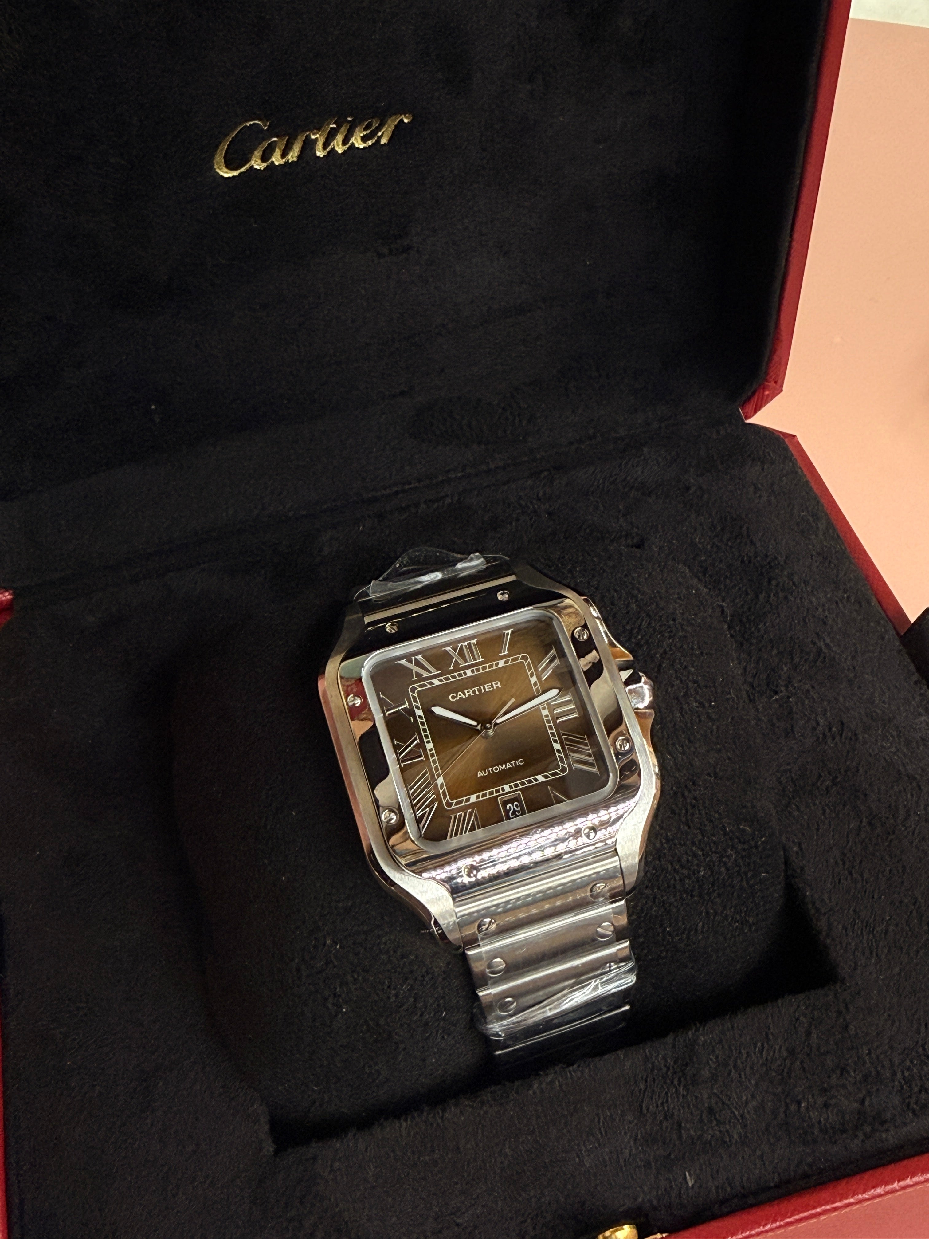 Cartier | Santos Man Watch – Stainless Steel – Brown – Silver Hardware