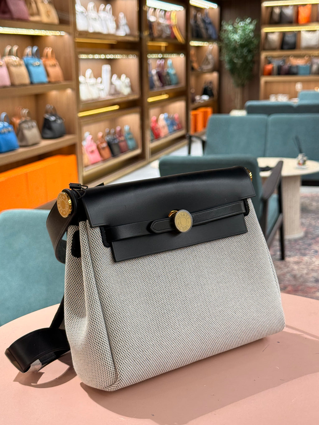 Hermes | Herbag (Mini) – Canvas – White/Black – Gold Hardware