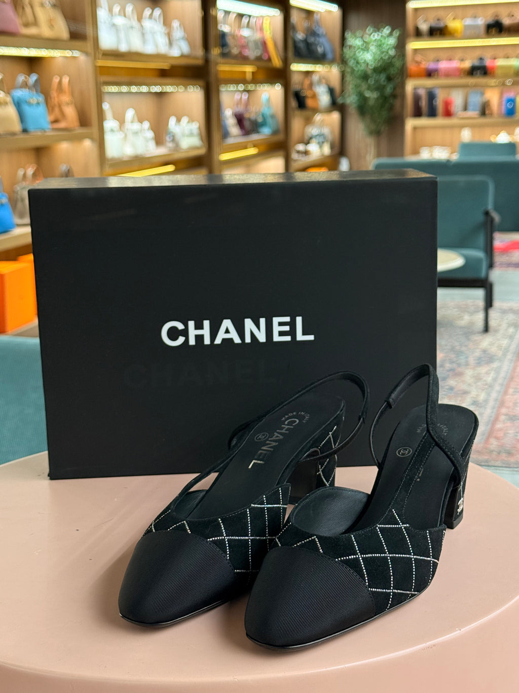 Chanel | Slingback Heels – Fabric – Black – Silver Hardware