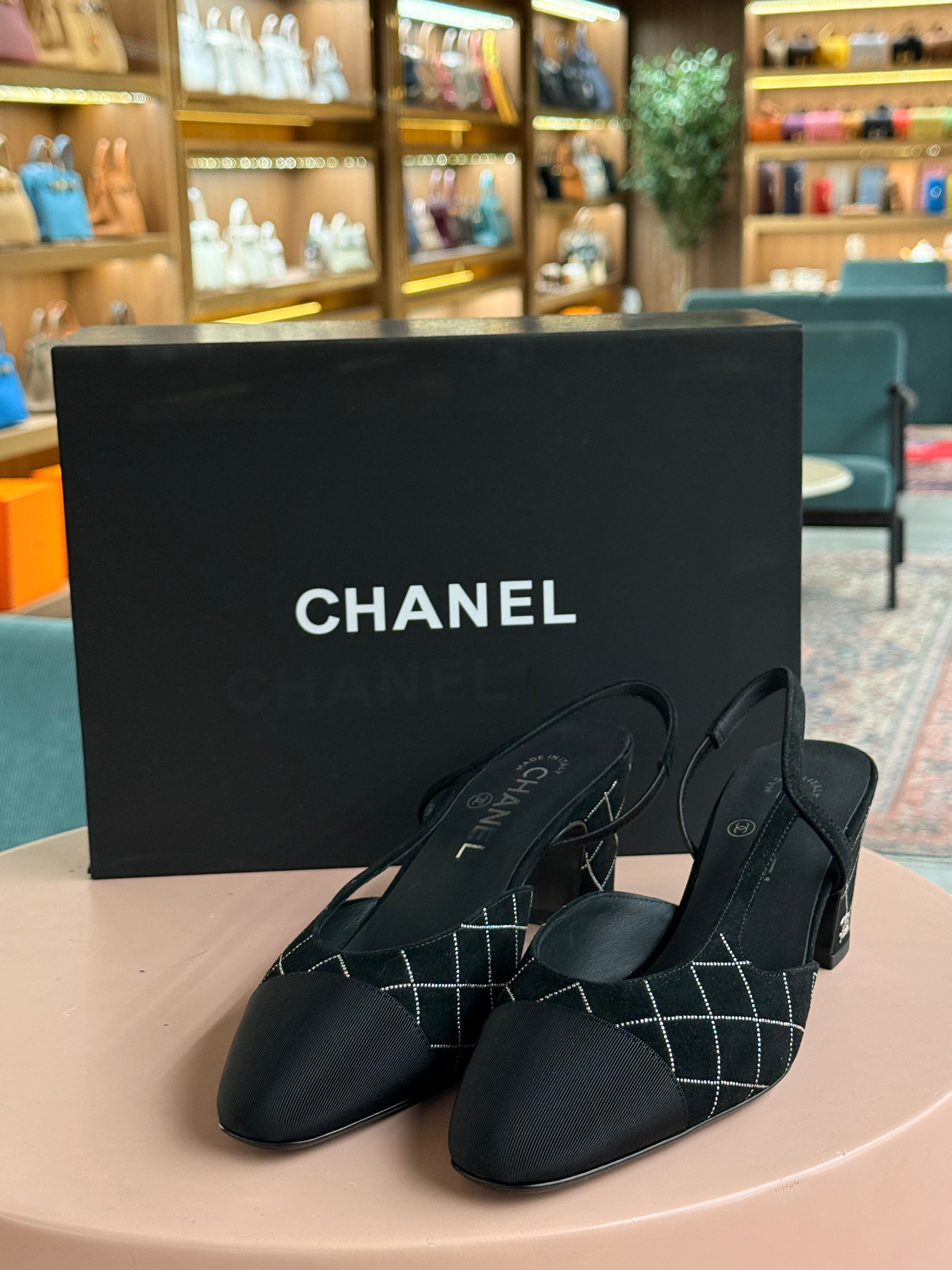 Chanel | Slingback Heels – Fabric – Black – Silver Hardware