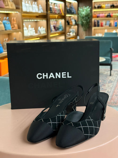 Chanel | Slingback Heels – Fabric – Black – Silver Hardware