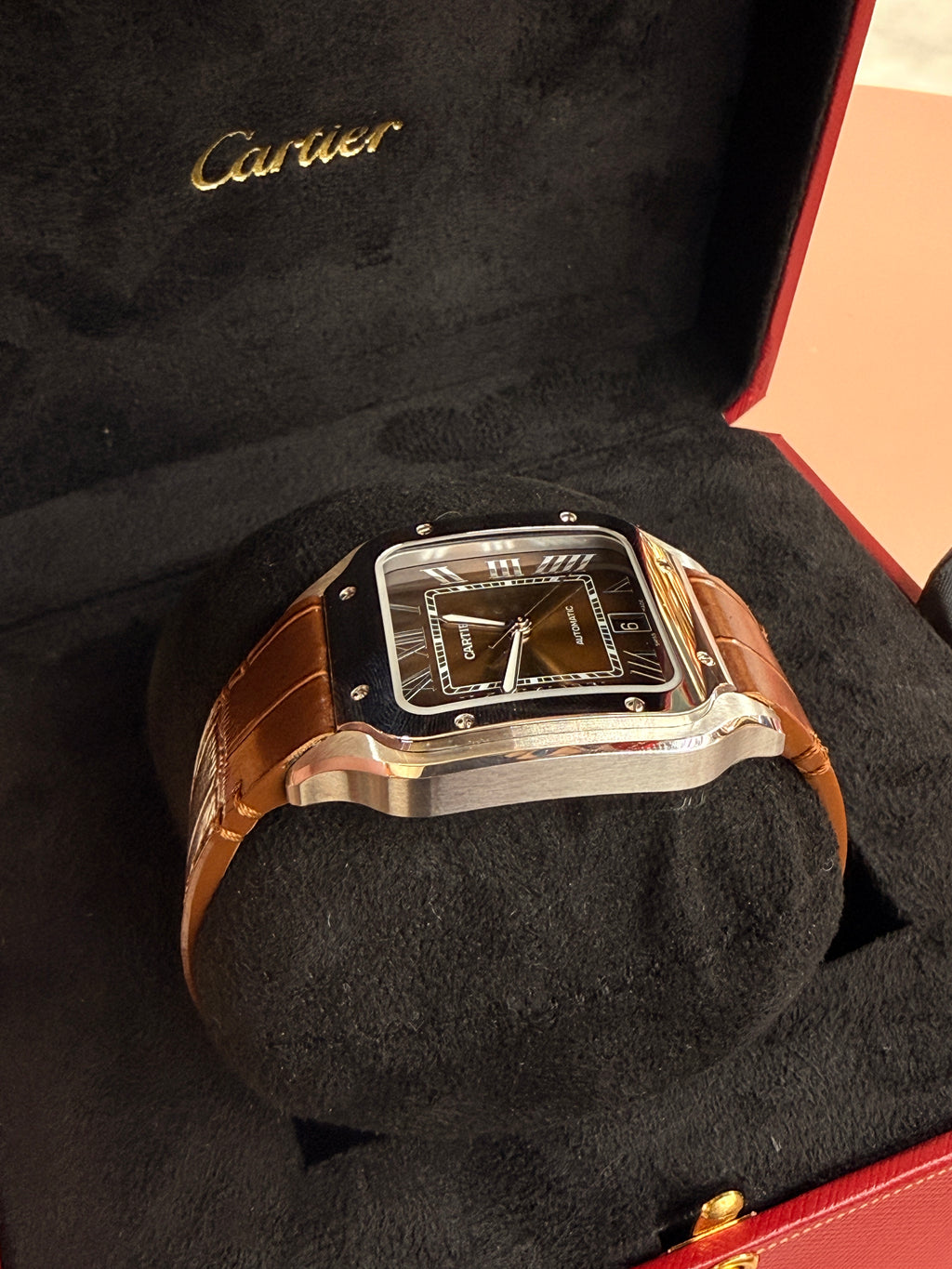 Cartier | Santos Man Watch – Stainless Steel – Brown – Silver Hardware
