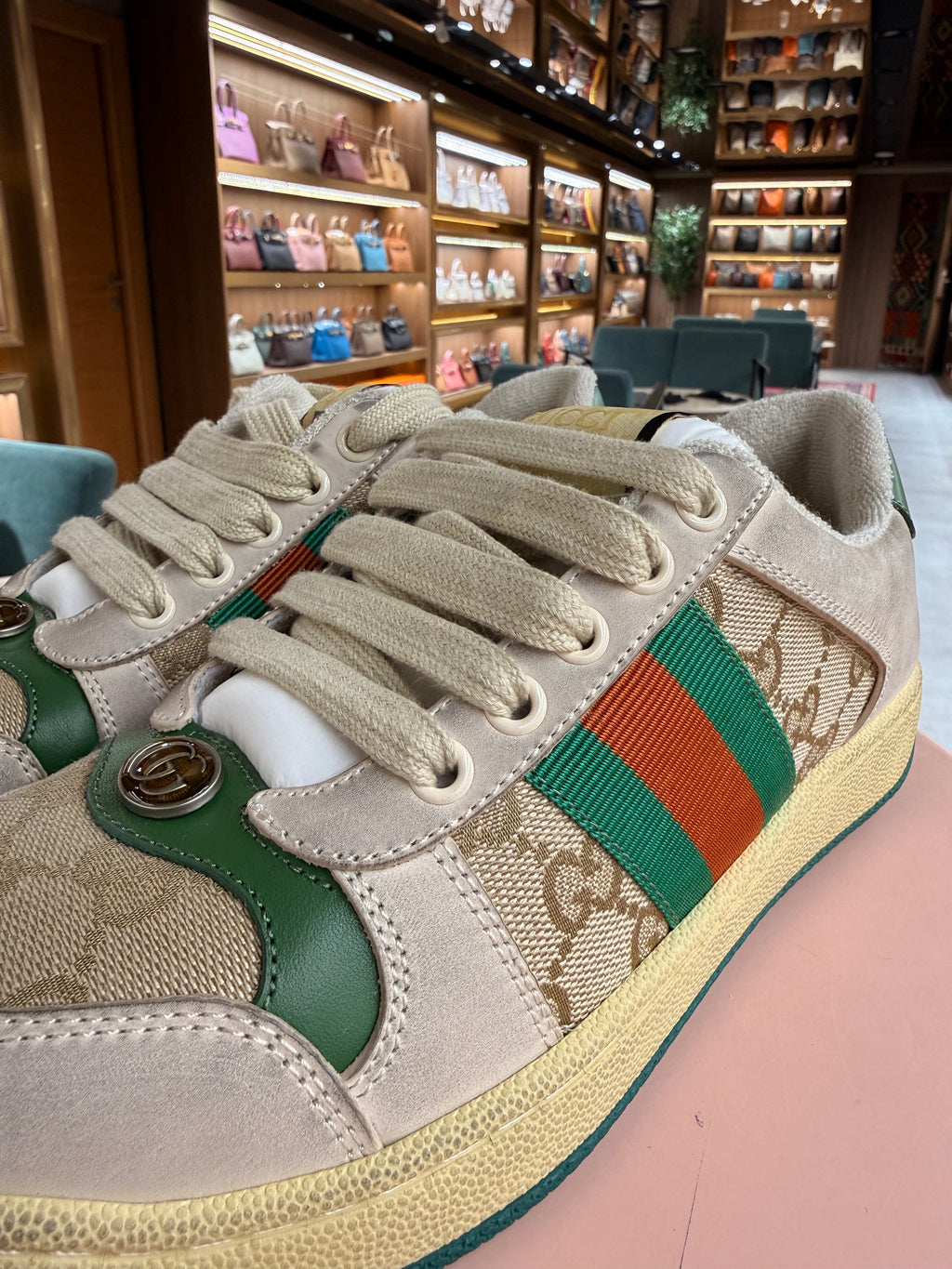 Gucci | Screener Trainer – Suede/Canvas – Beige/Green/Red – Gold Hardware