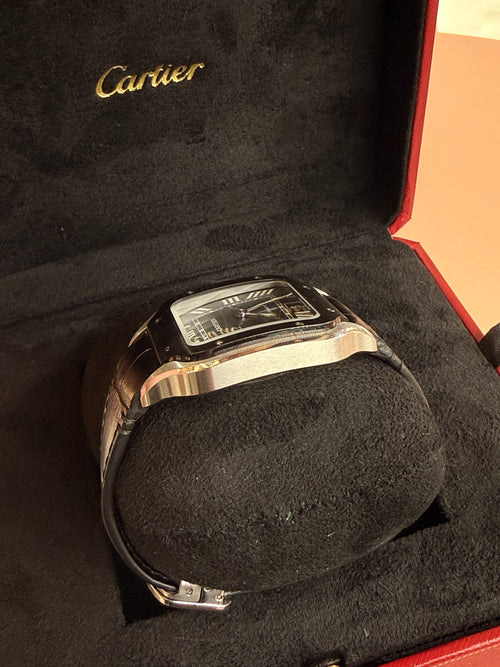 Cartier | Santos Man Watch – Stainless Steel – Black – Silver Hardware