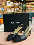 Chanel | Slingback Heels – Fabric – Black – Gold Hardware