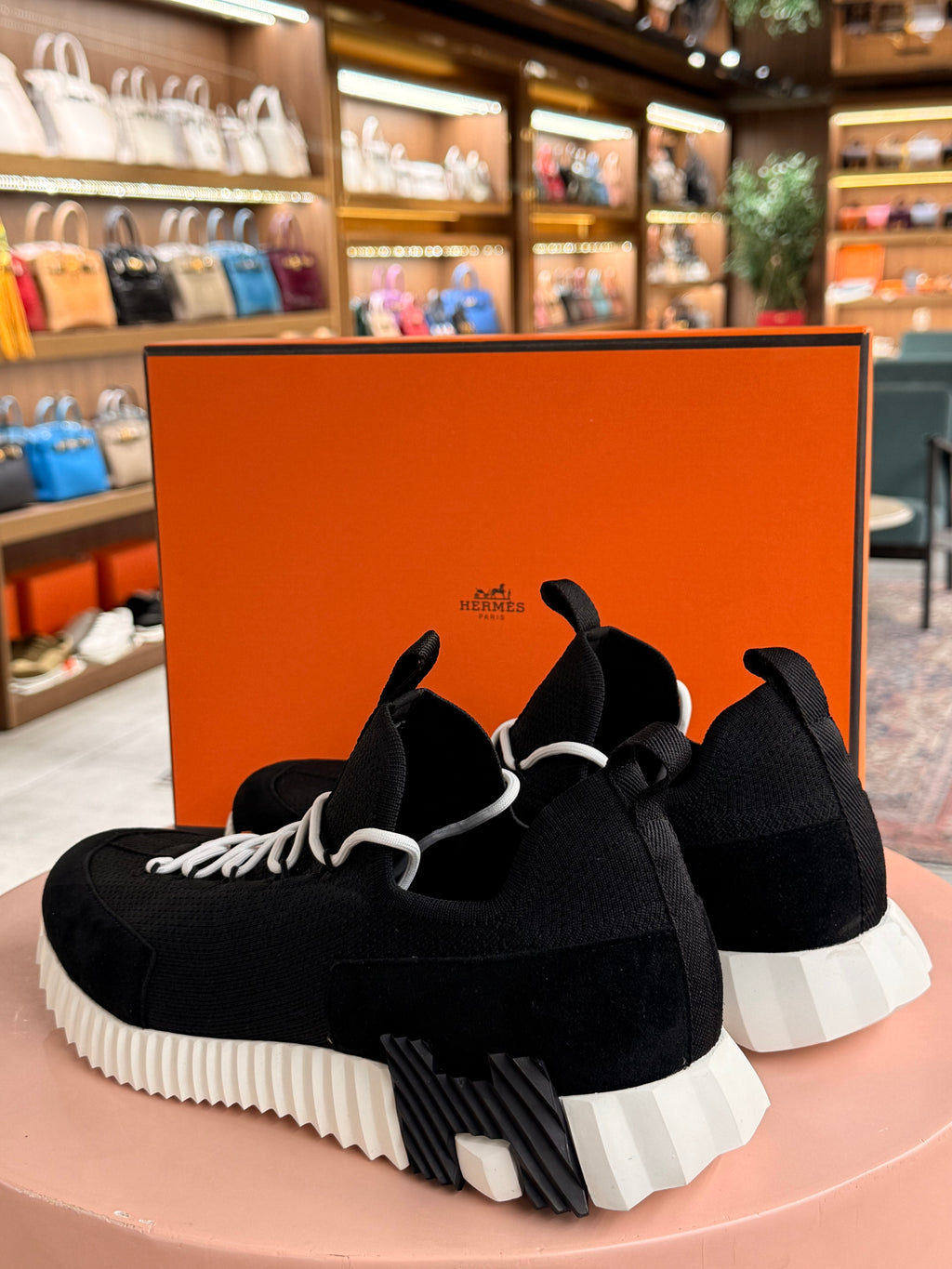 Hermes | Bouncing – Suede & Knit – Black – White Hardware
