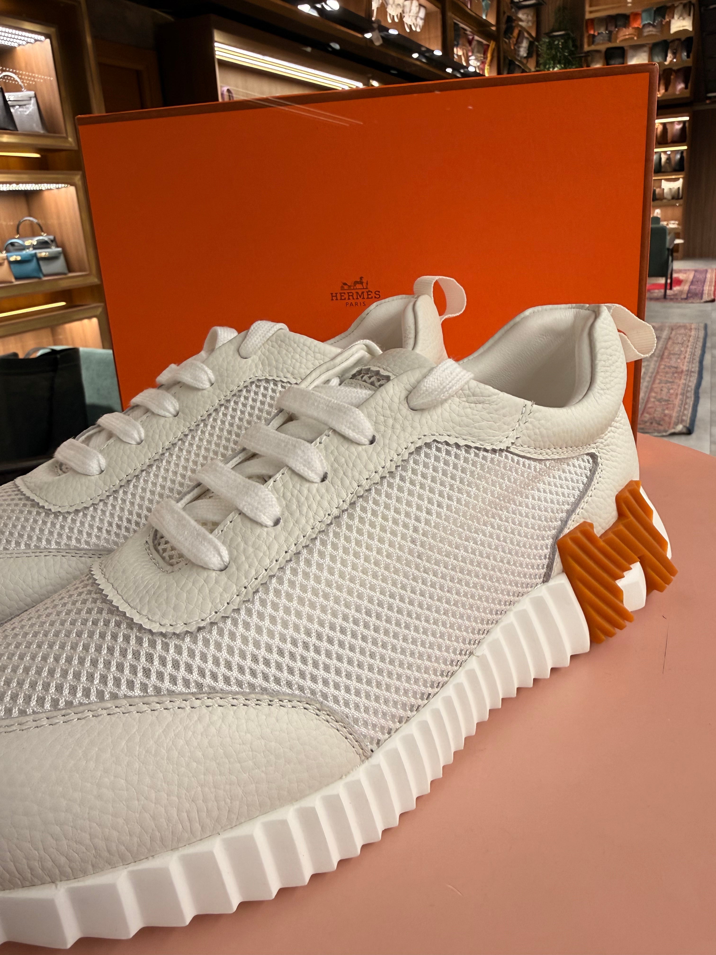 Hermes | Bouncing-Sneaker – Leather and Mesh – White – Orange Hardware