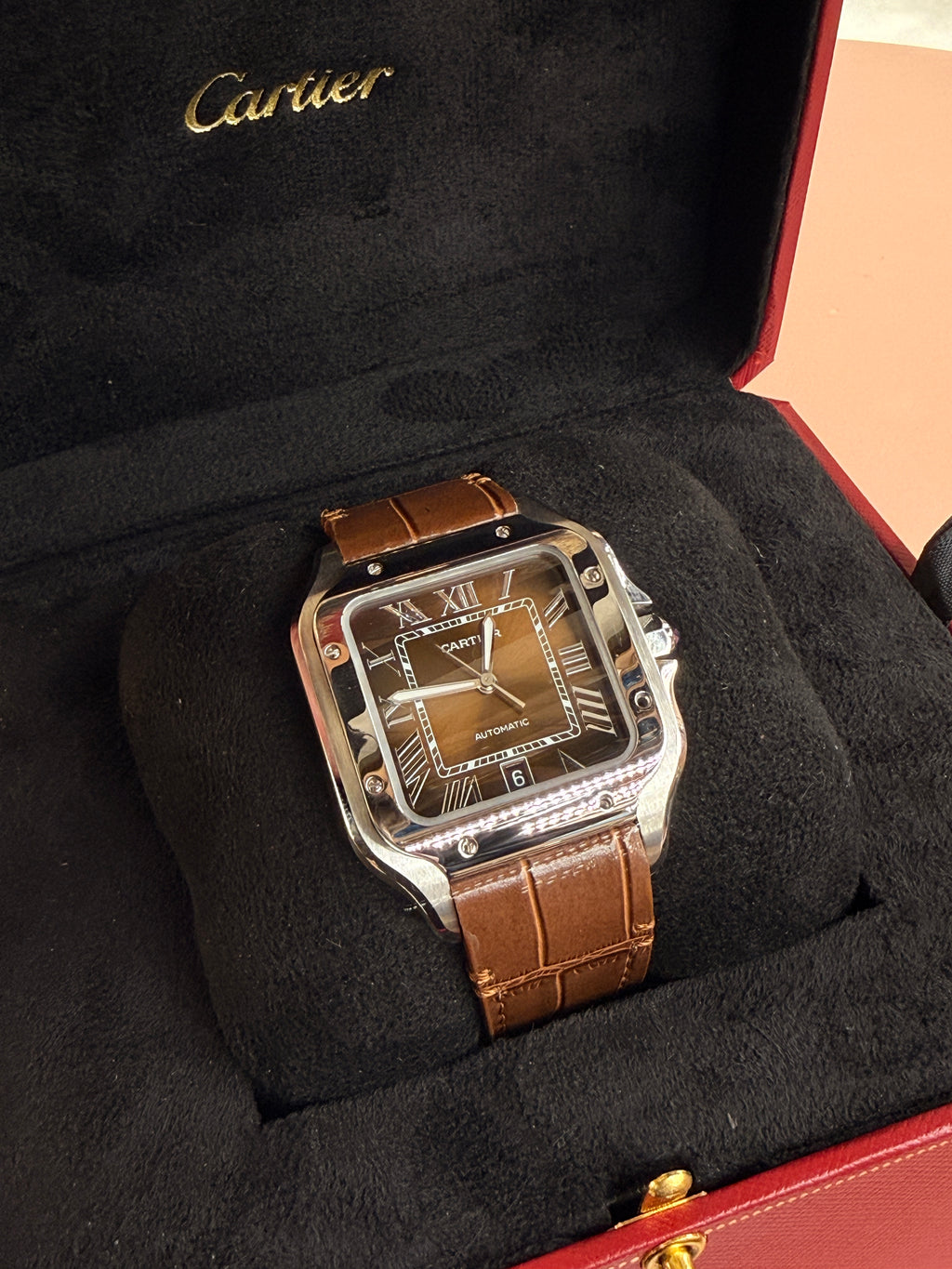 Cartier | Santos Man Watch – Stainless Steel – Brown – Silver Hardware