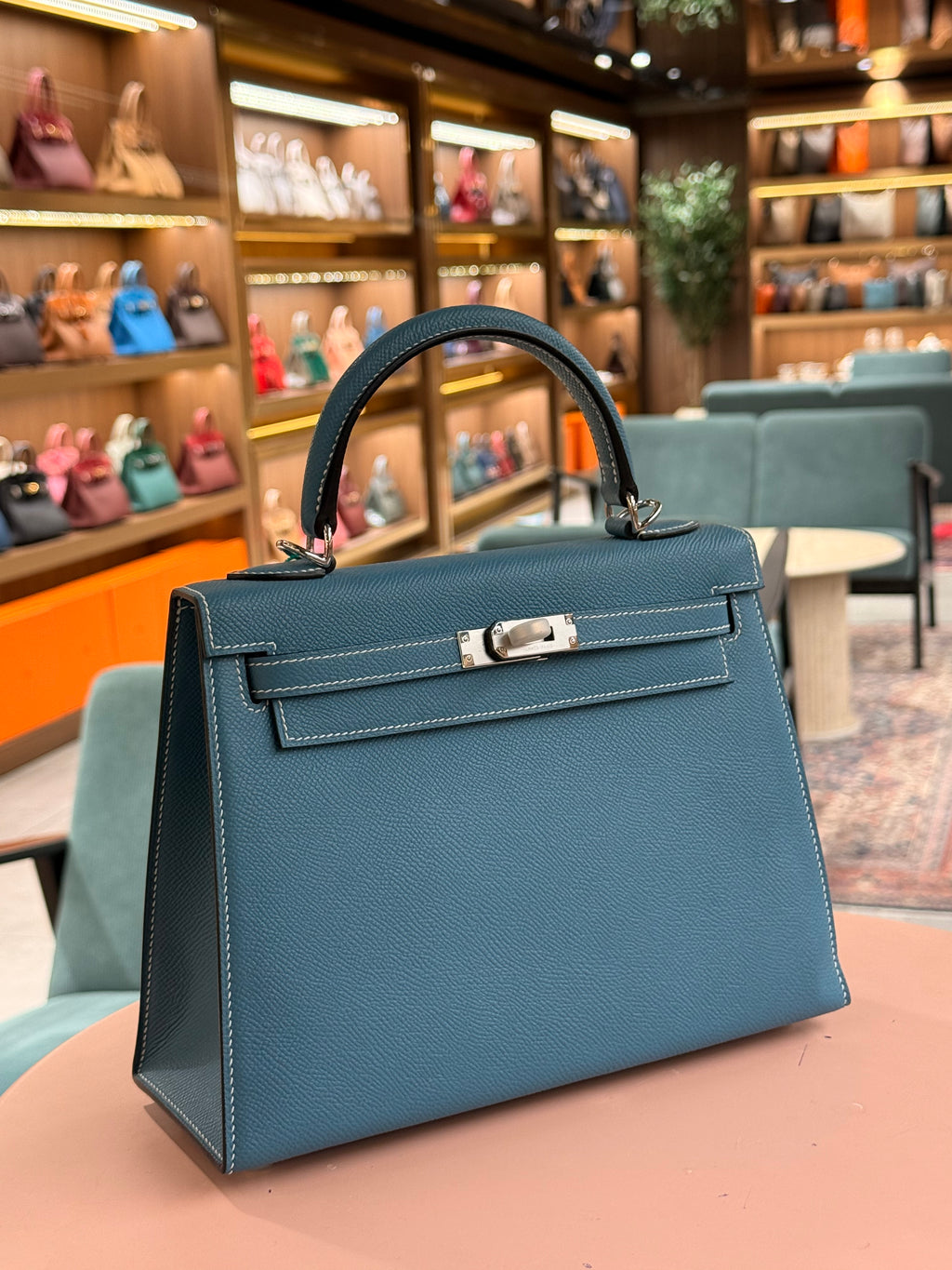 Hermes | Kelly (25) – Epsom – Bleu Brume – Palladium Hardware
