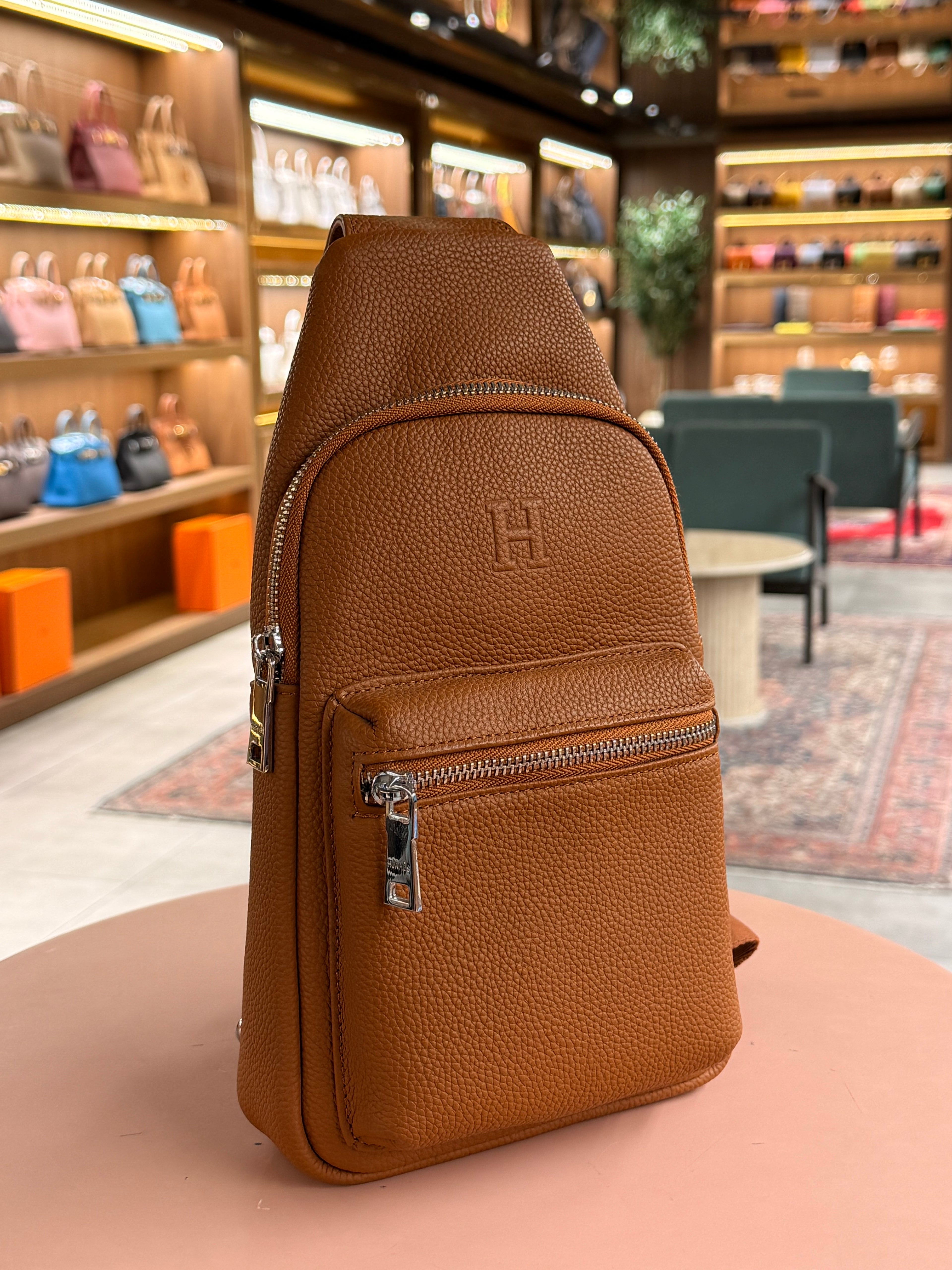 Hermes | Genuine Leather Chest Bag – Leather – Orange – Silver Hardware