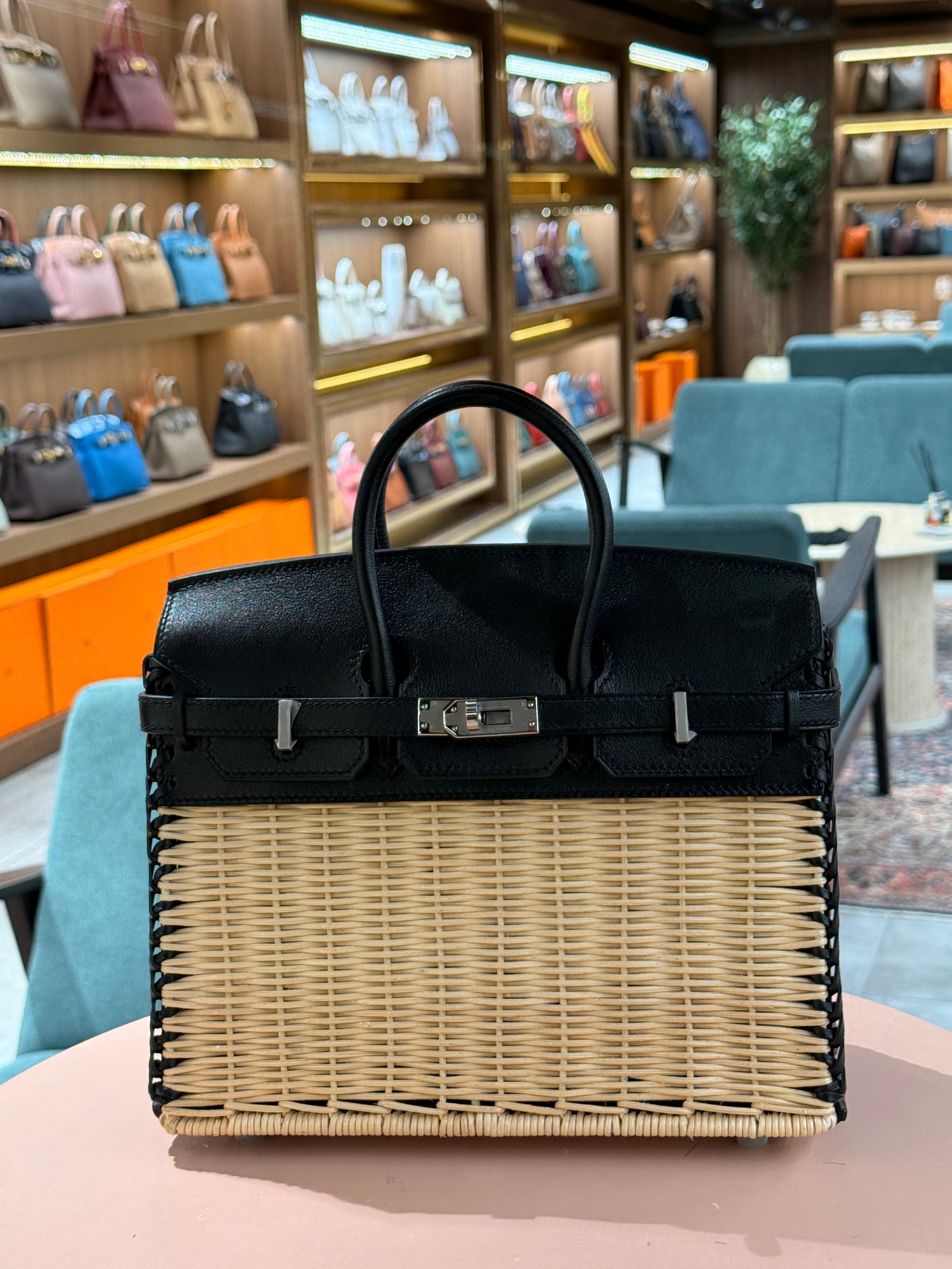 Hermes | Birkin Picnic (25) – Leather/Wicker – Black/Natural – Palladium Hardware