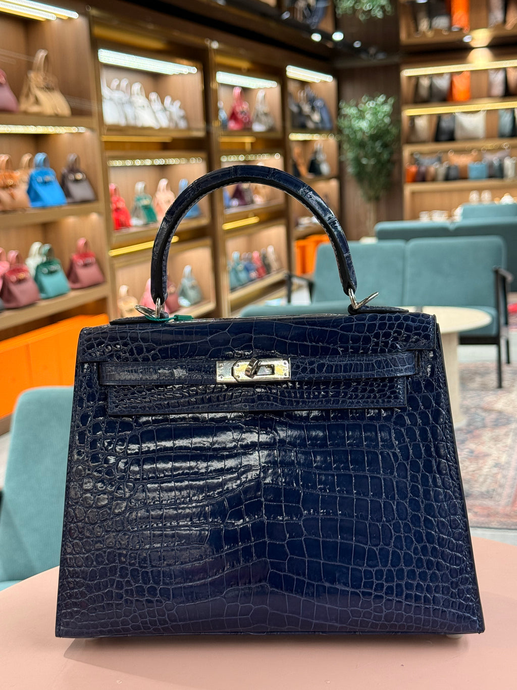 Hermes | Kelly (25) – Crocodile – Bleu Nuit – Palladium Hardware