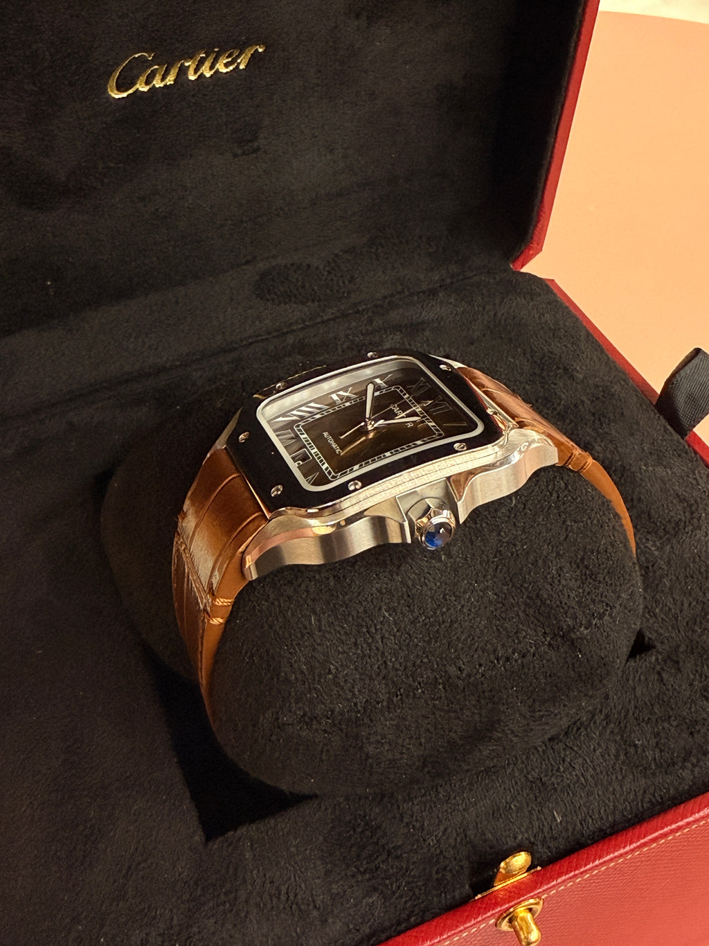 Cartier | Santos Man Watch – Stainless Steel – Brown – Silver Hardware