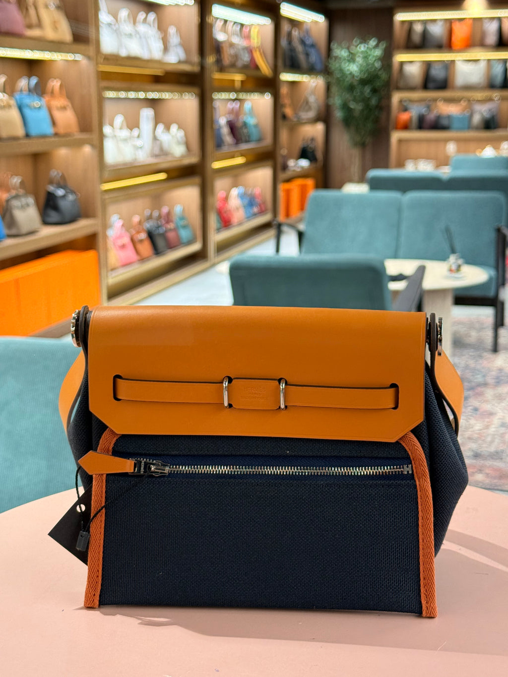 Hermes | Herbag (Mini) – Canvas – Navy/Orange – Silver Hardware