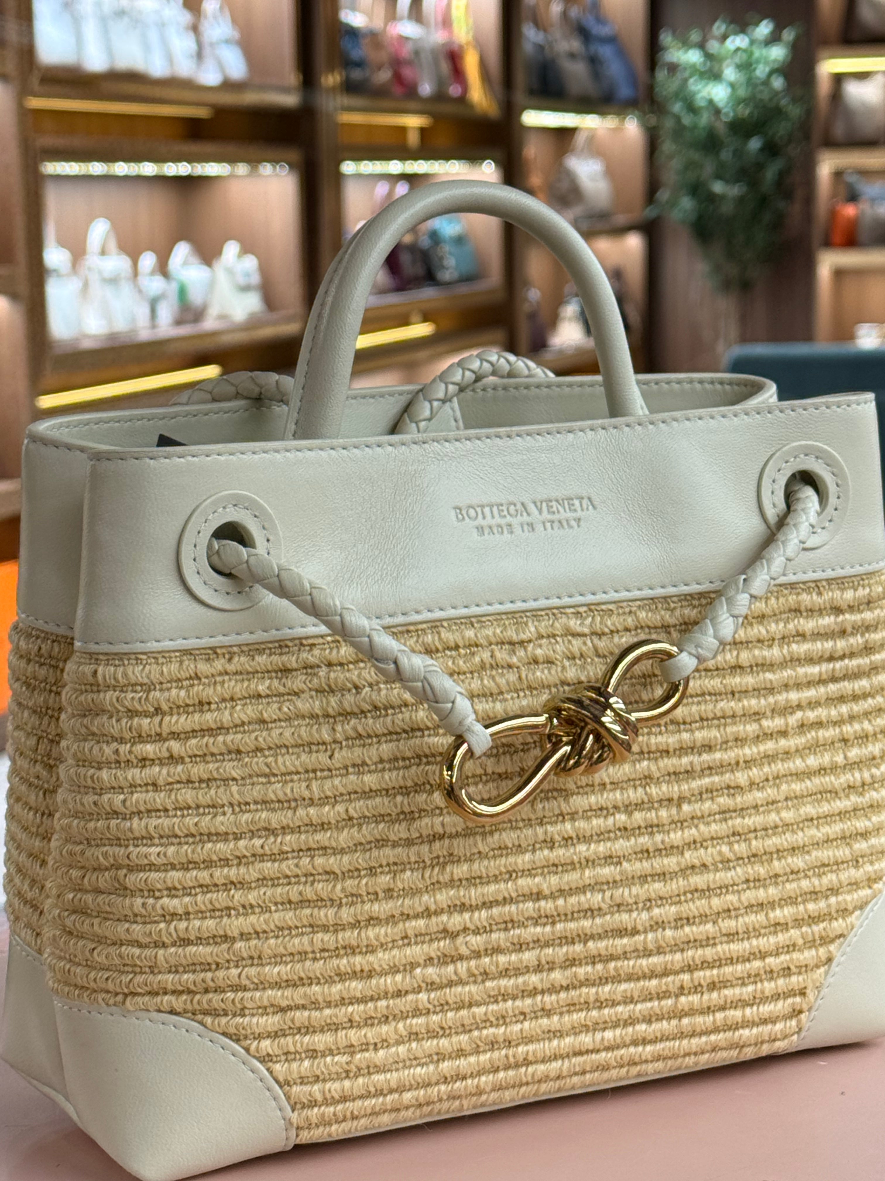 Bottega Veneta | Small Andiamo – Leather and Straw – Beige and Natural – Gold Hardware