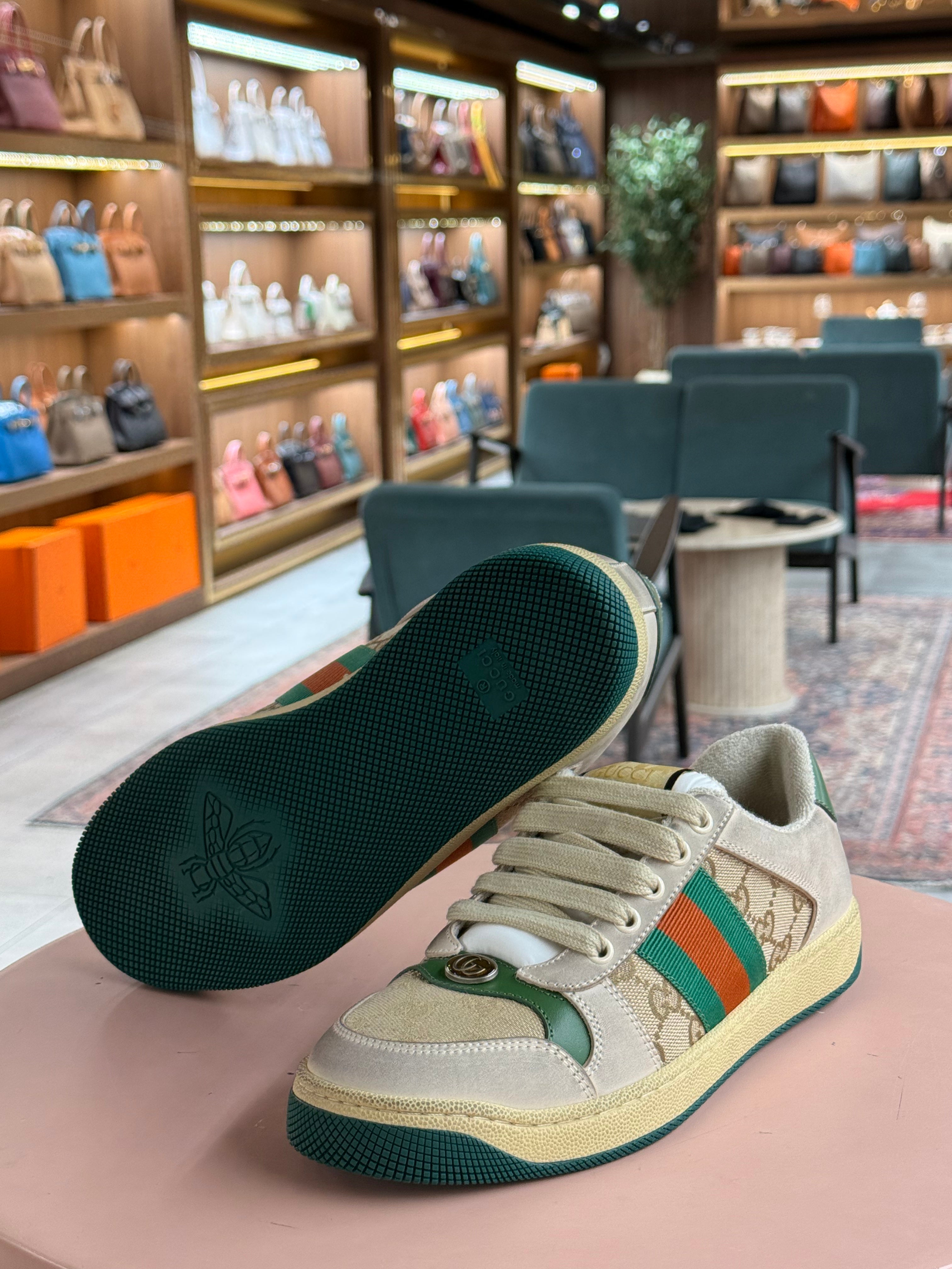 Gucci | Screener Trainer – Suede/Canvas – Beige/Green/Red – Gold Hardware