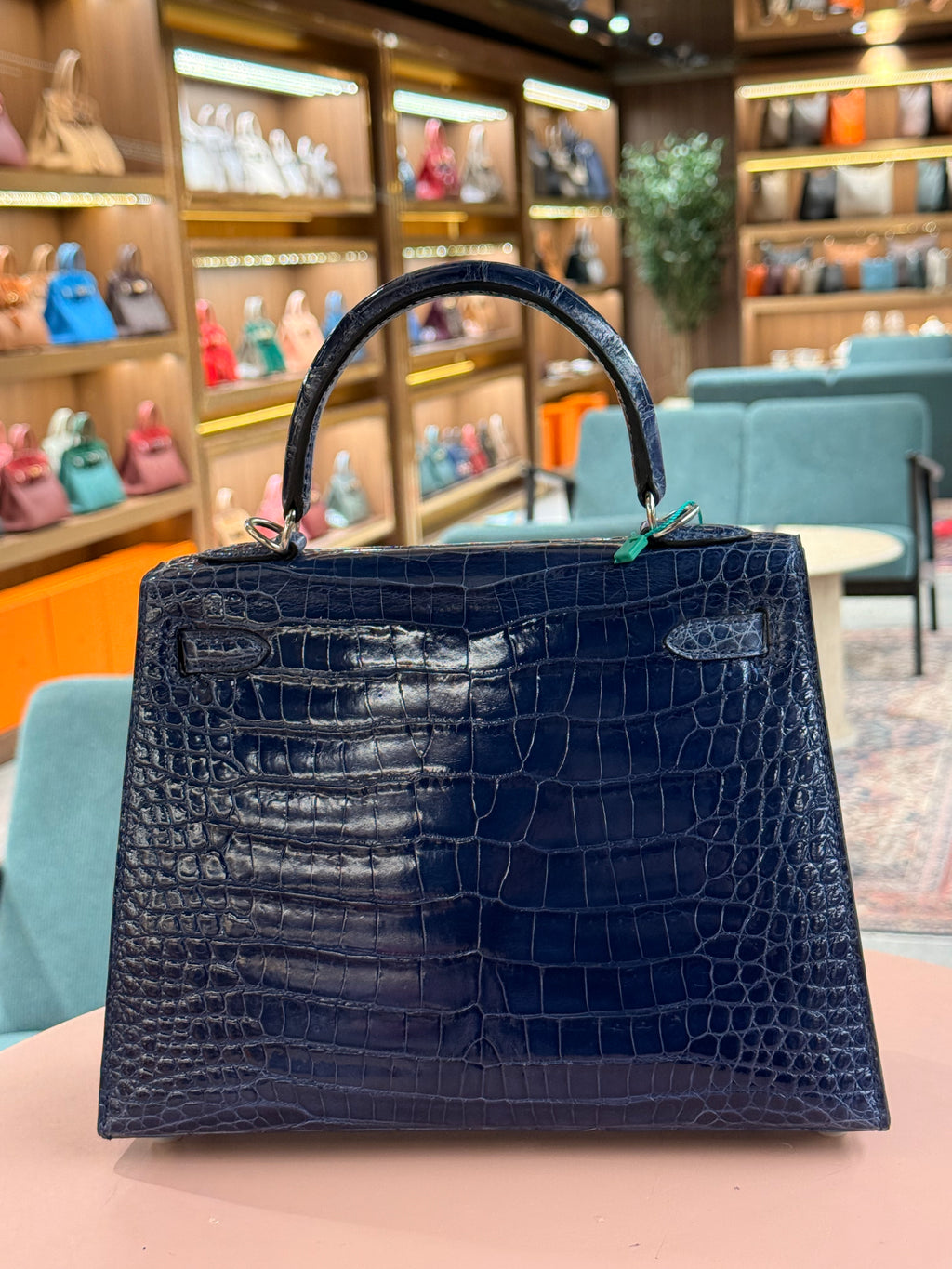 Hermes | Kelly (25) – Crocodile – Bleu Nuit – Palladium Hardware