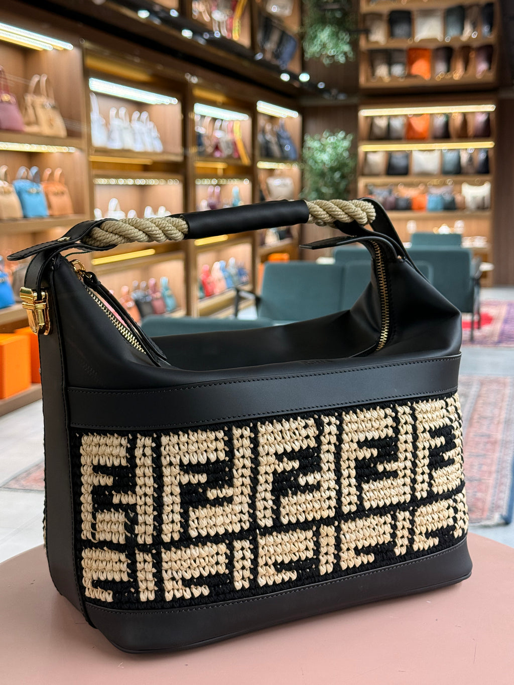 Fendi | Raffia (19) – Canvas – Black/Beige – Gold Hardware