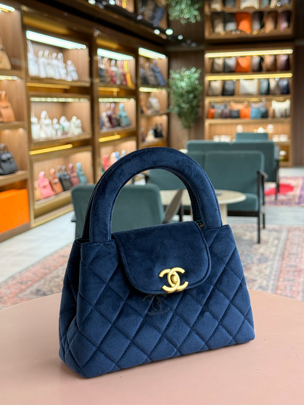 Chanel | Velvet-Quilted-Nano-Kelly-Shopper – Suede – Navy – Gold Hardware