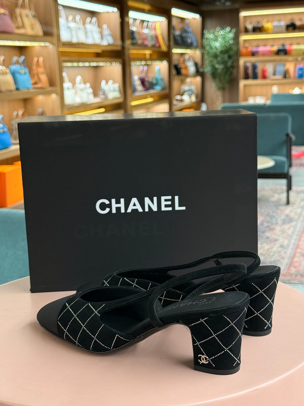 Chanel | Slingback Heels – Fabric – Black – Silver Hardware