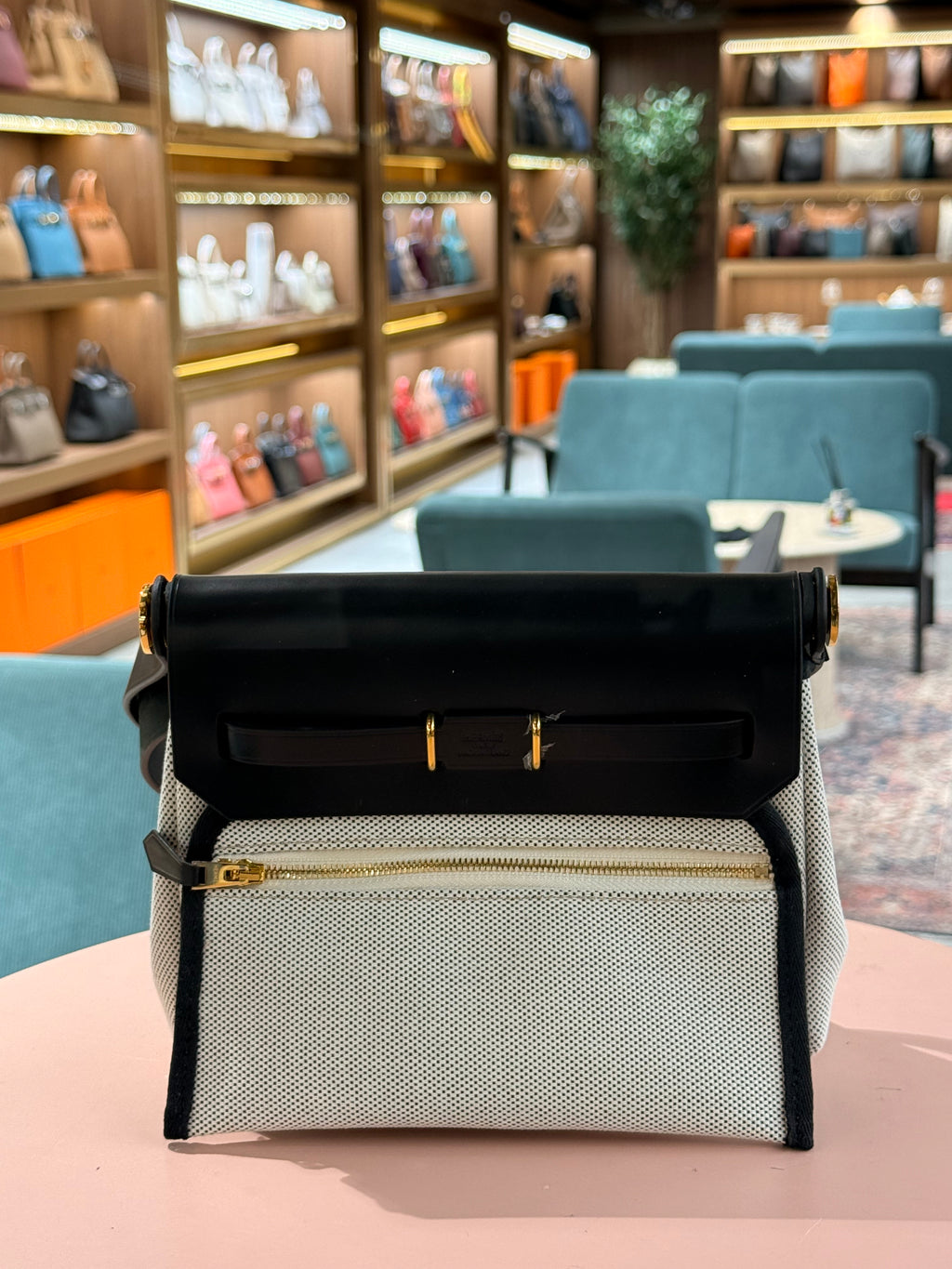 Hermes | Herbag (Mini) – Canvas – White/Black – Gold Hardware