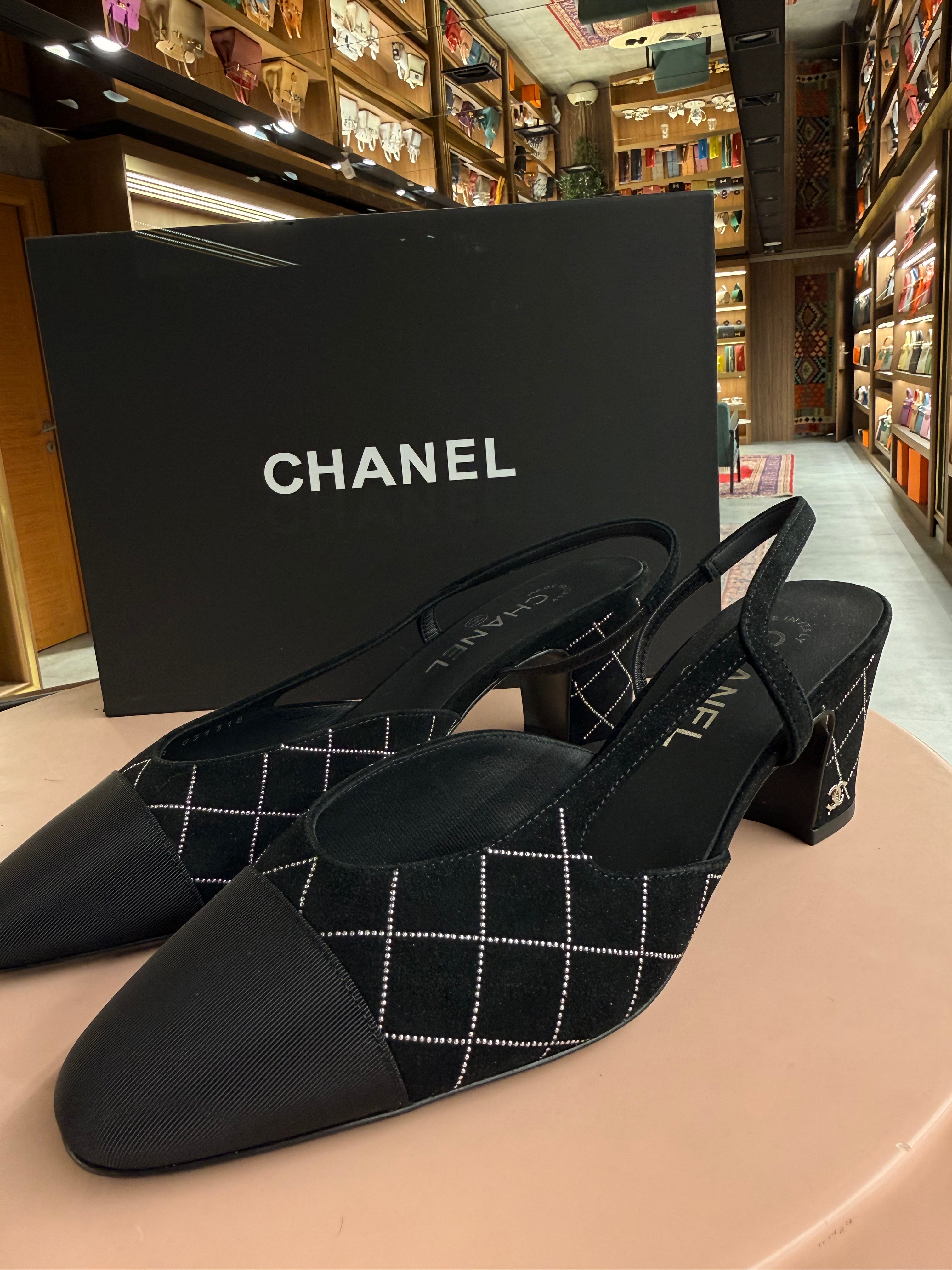 Chanel | Slingback Heels – Fabric – Black – Silver Hardware