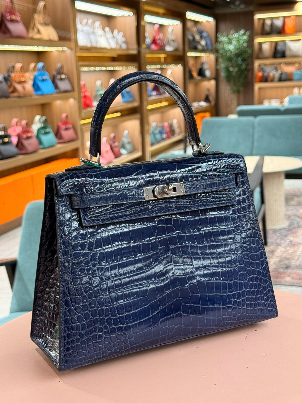 Hermes | Kelly (25) – Crocodile – Bleu Nuit – Palladium Hardware