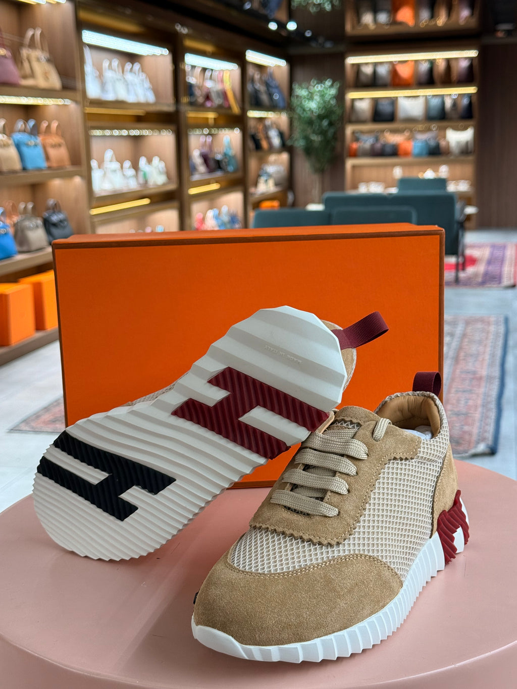 Hermes | Bouncing-Sneaker – Suede and Mesh – Beige – Gold Hardware