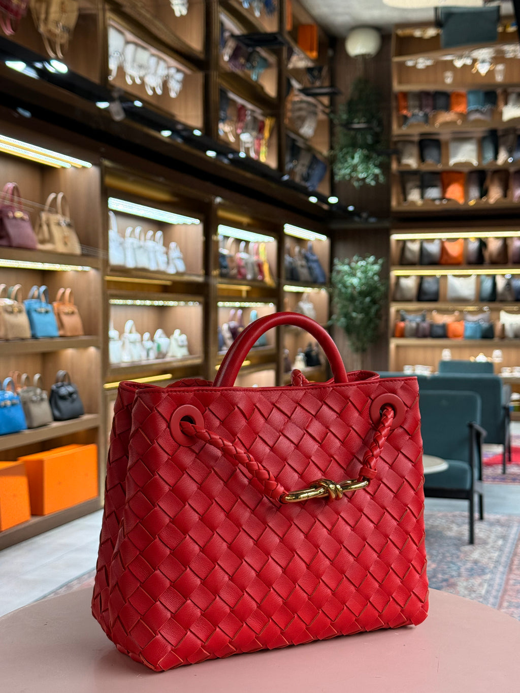 Bottega Veneta | Andiamo (Small) – Intrecciato – Red – Gold Hardware