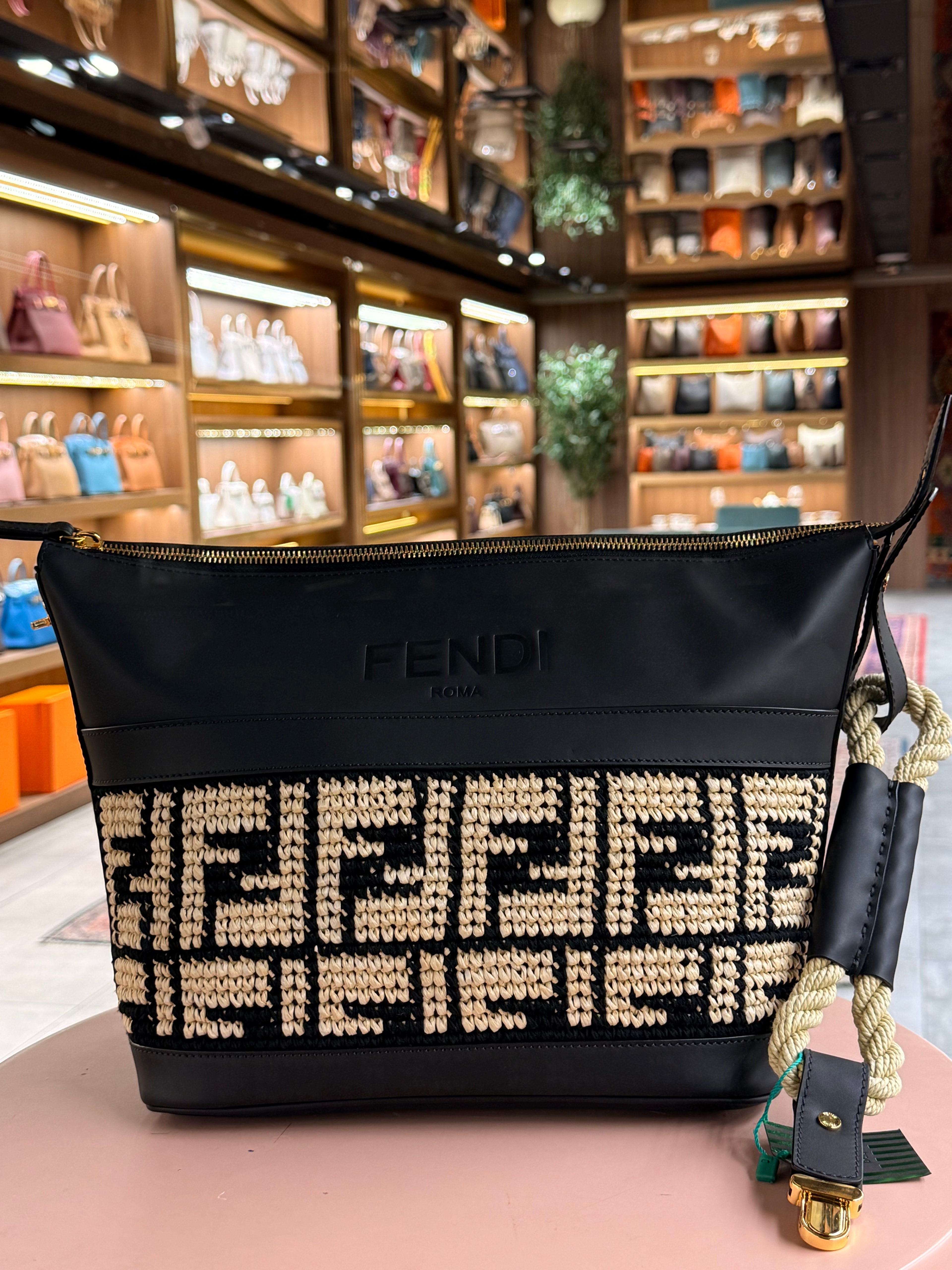 Fendi | Raffia (19) – Canvas – Black/Beige – Gold Hardware