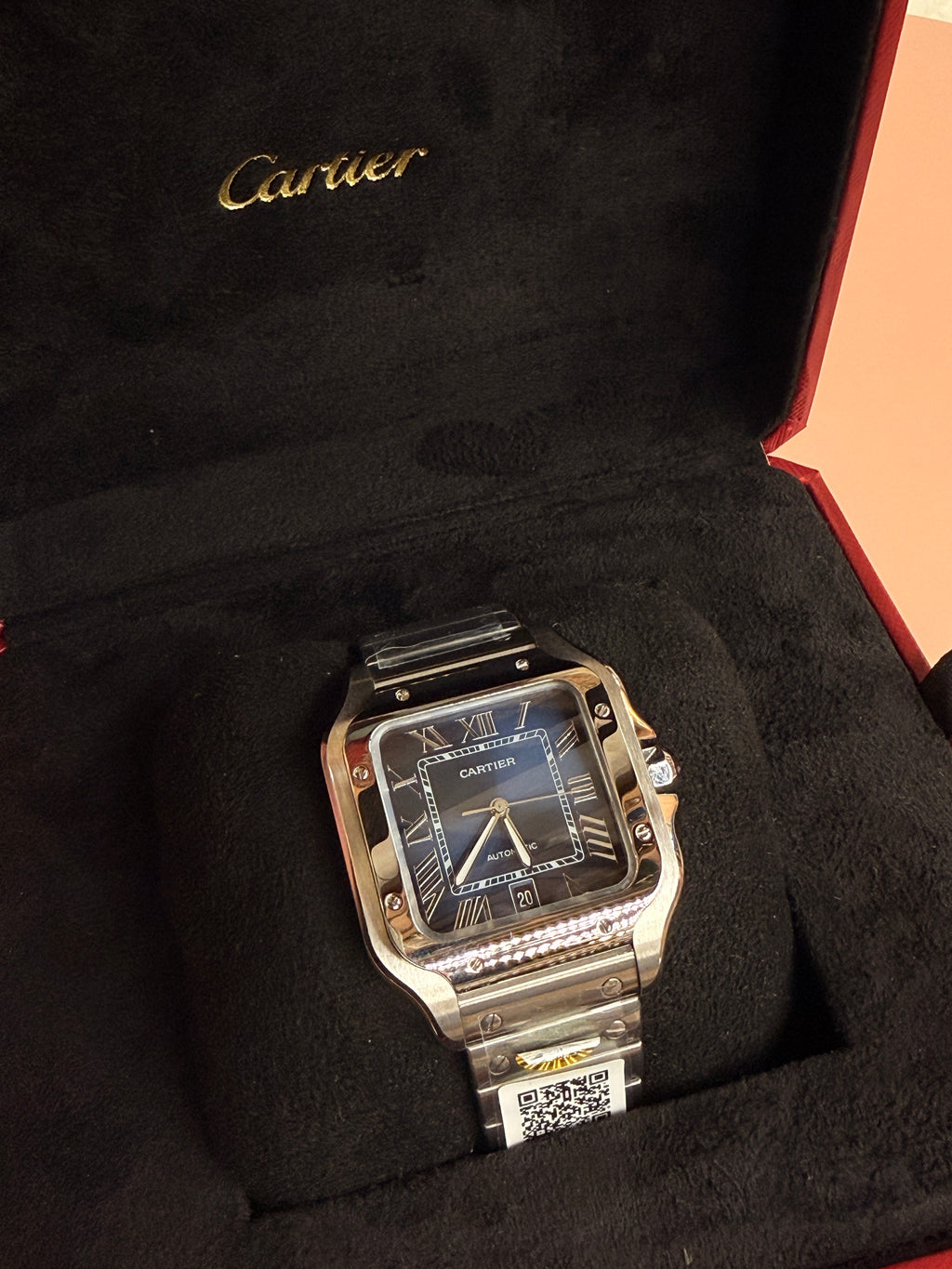 Cartier | Santos Man Watch – Stainless Steel – Black – Silver Hardware