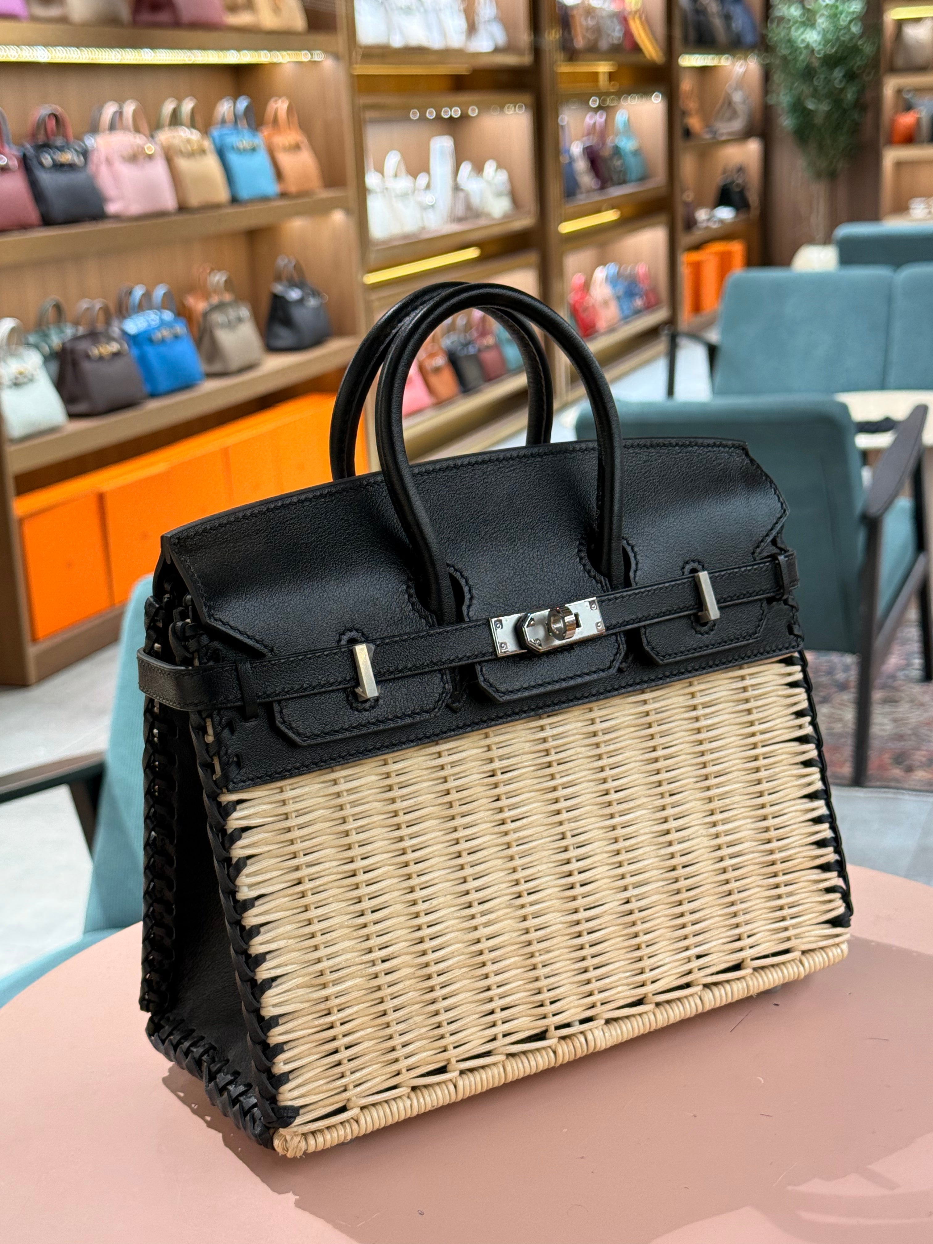 Hermes | Birkin Picnic (25) – Leather/Wicker – Black/Natural – Palladium Hardware