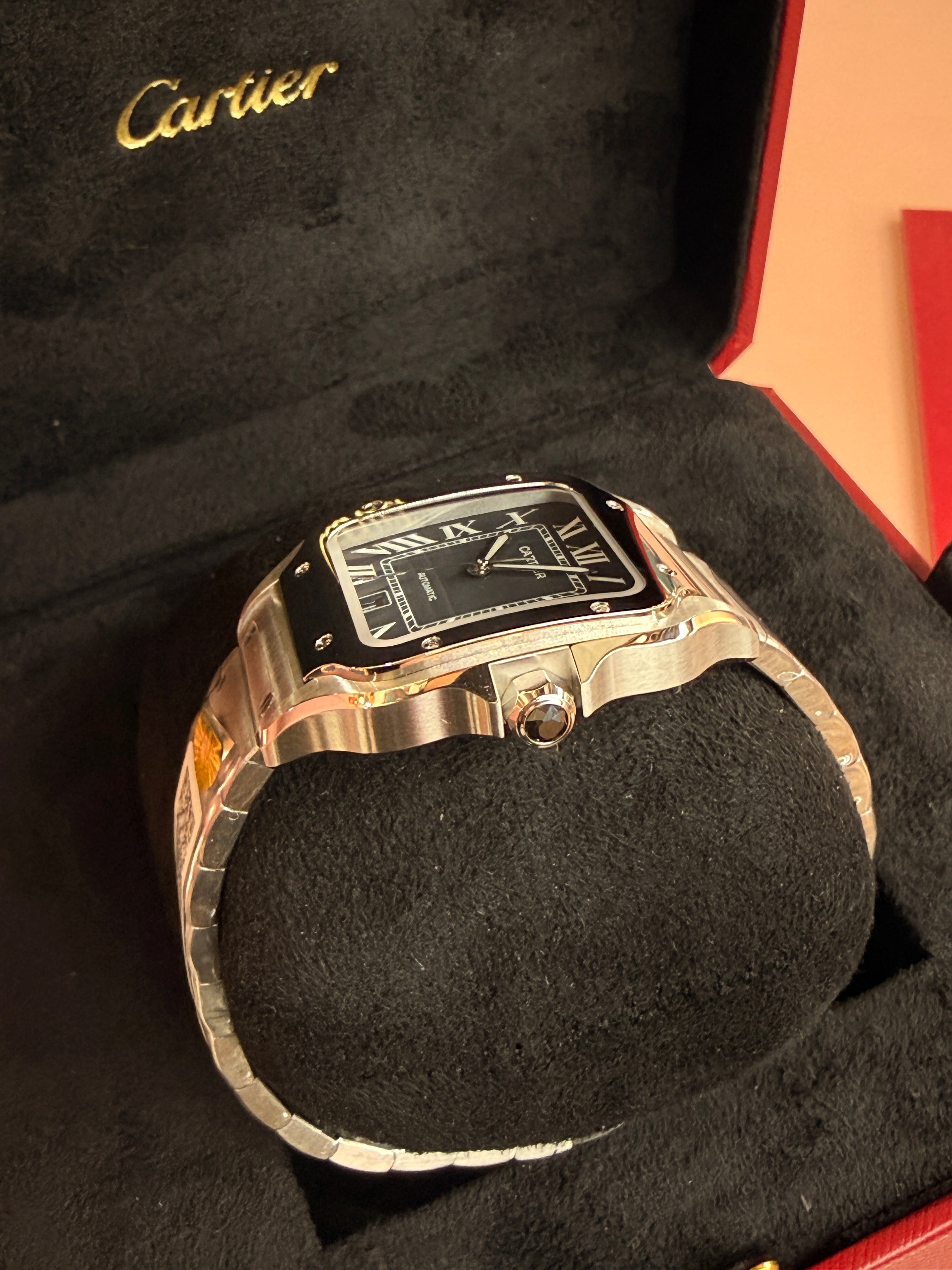 Cartier | Santos Man Watch – Stainless Steel – Black – Silver Hardware