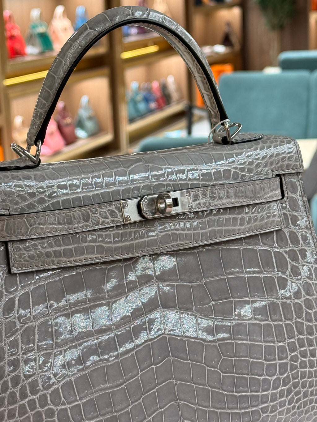Hermes | Kelly (25) – Crocodile – Gris T (Grey) – Palladium Hardware