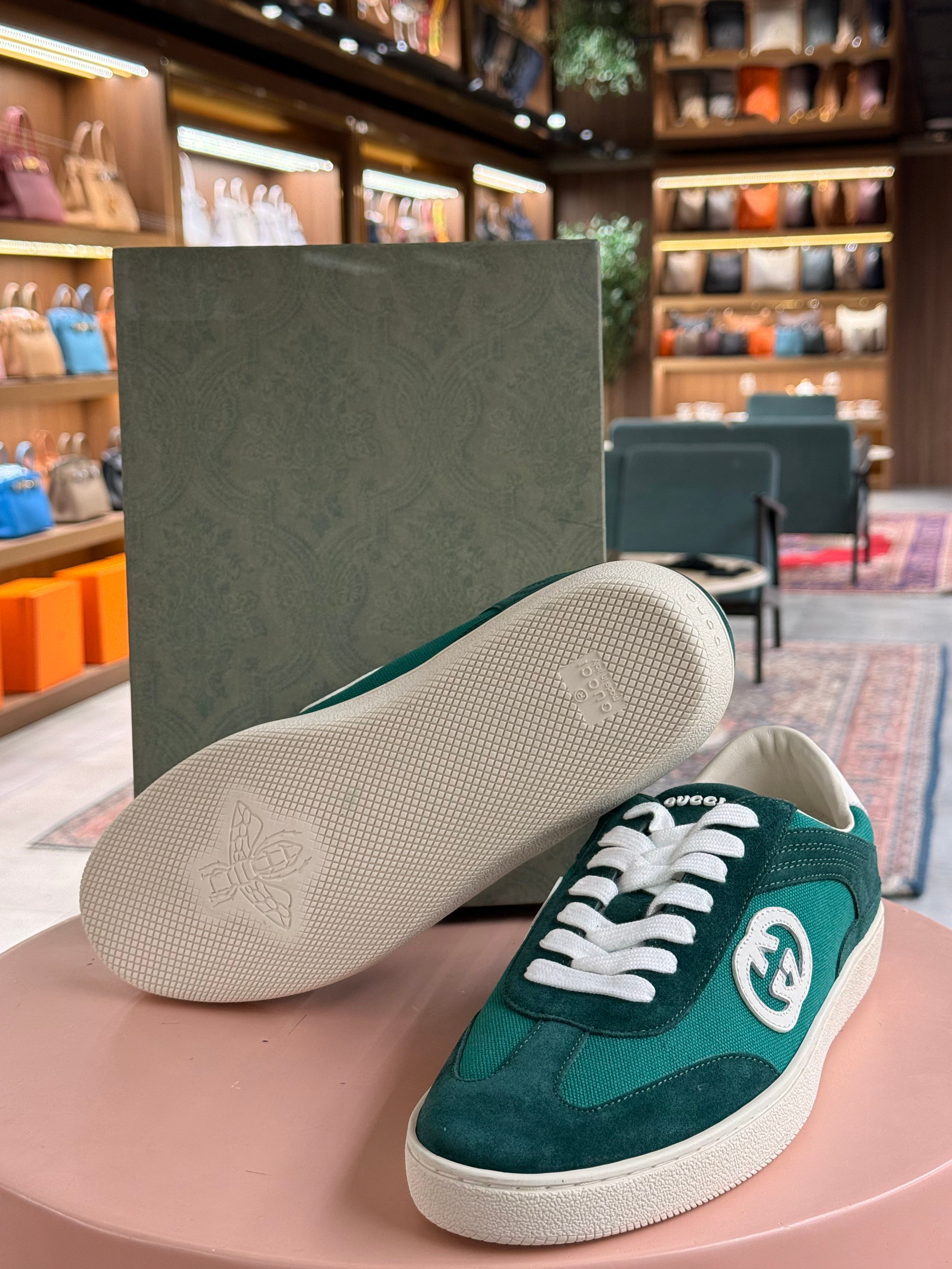 Gucci | Interlocking G Sneakers – Suede and Canvas – Green – White Hardware