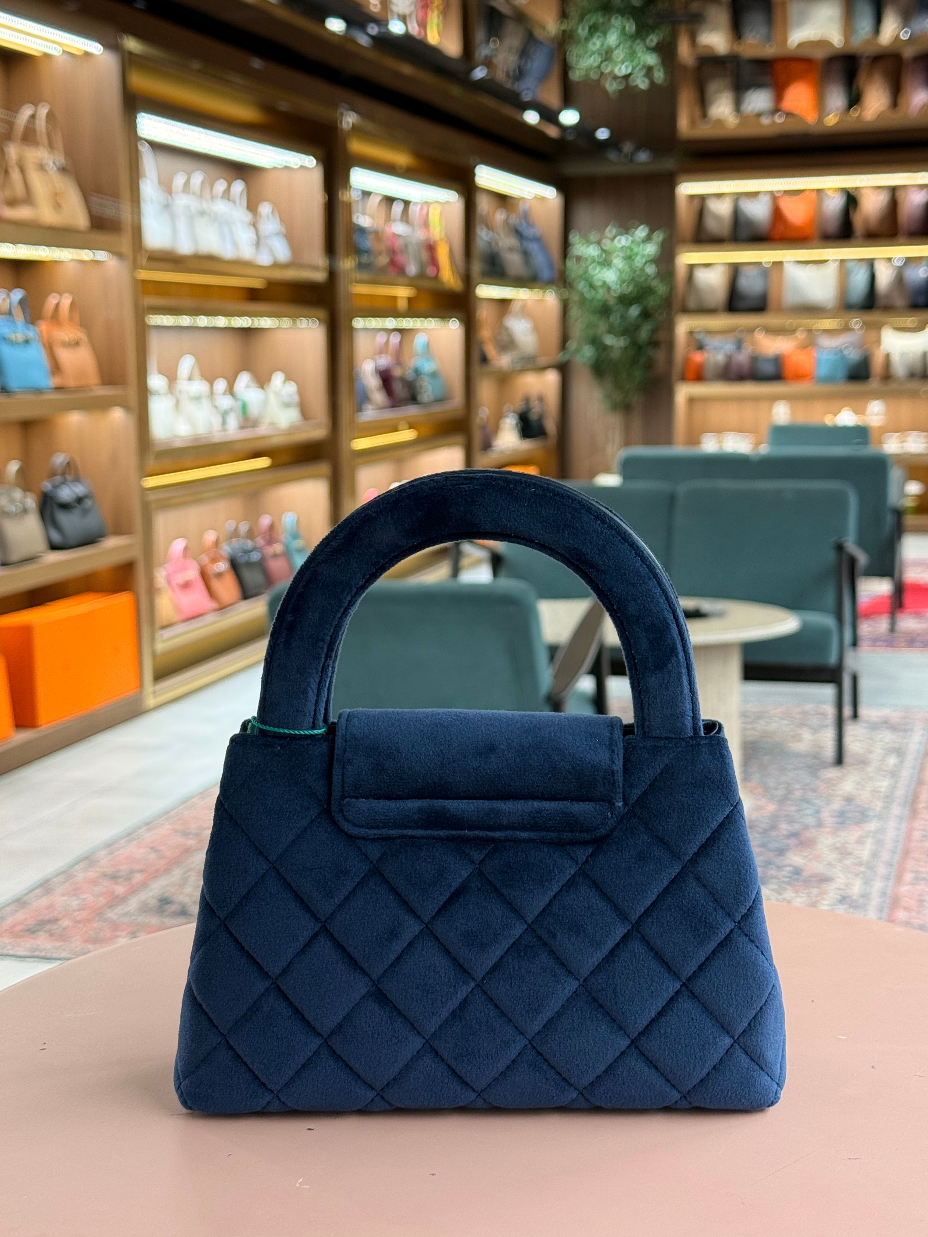 Chanel | Velvet-Quilted-Nano-Kelly-Shopper – Suede – Navy – Gold Hardware