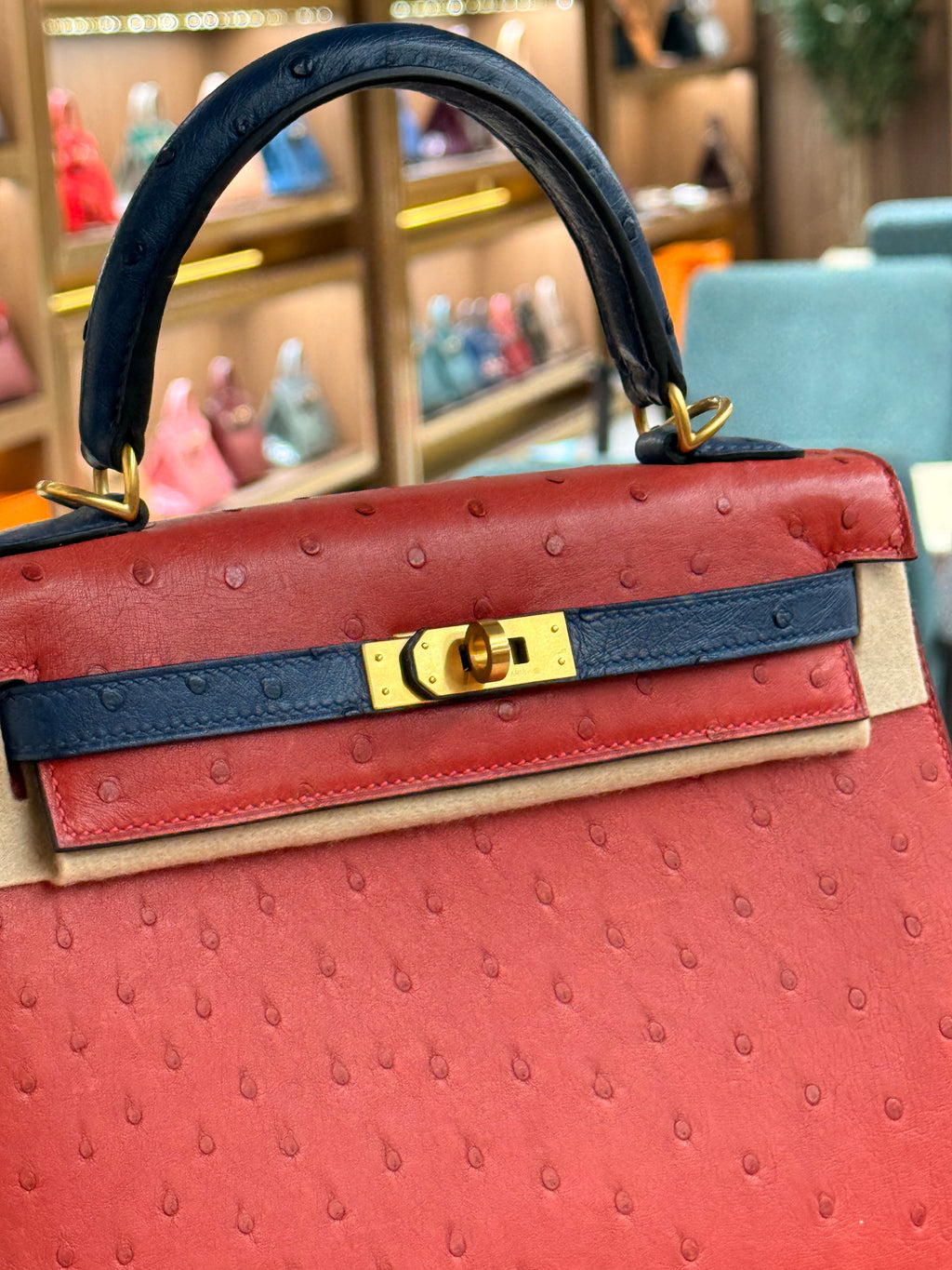 Hermes | Kelly (25) – Ostrich – Red – Gold Hardware