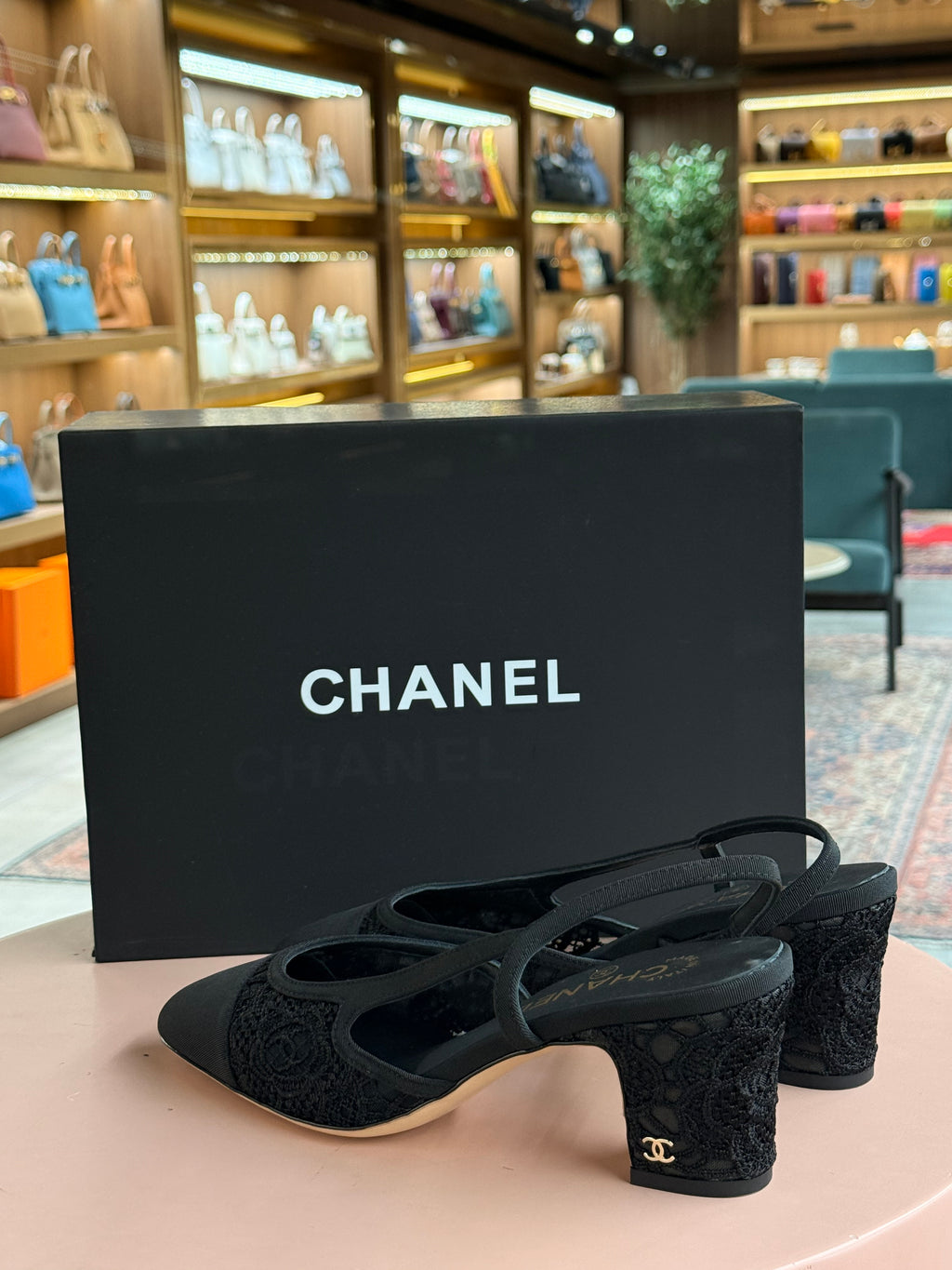 Chanel | Shoes with Back Strap – Fabric – Black – Gold Hardware