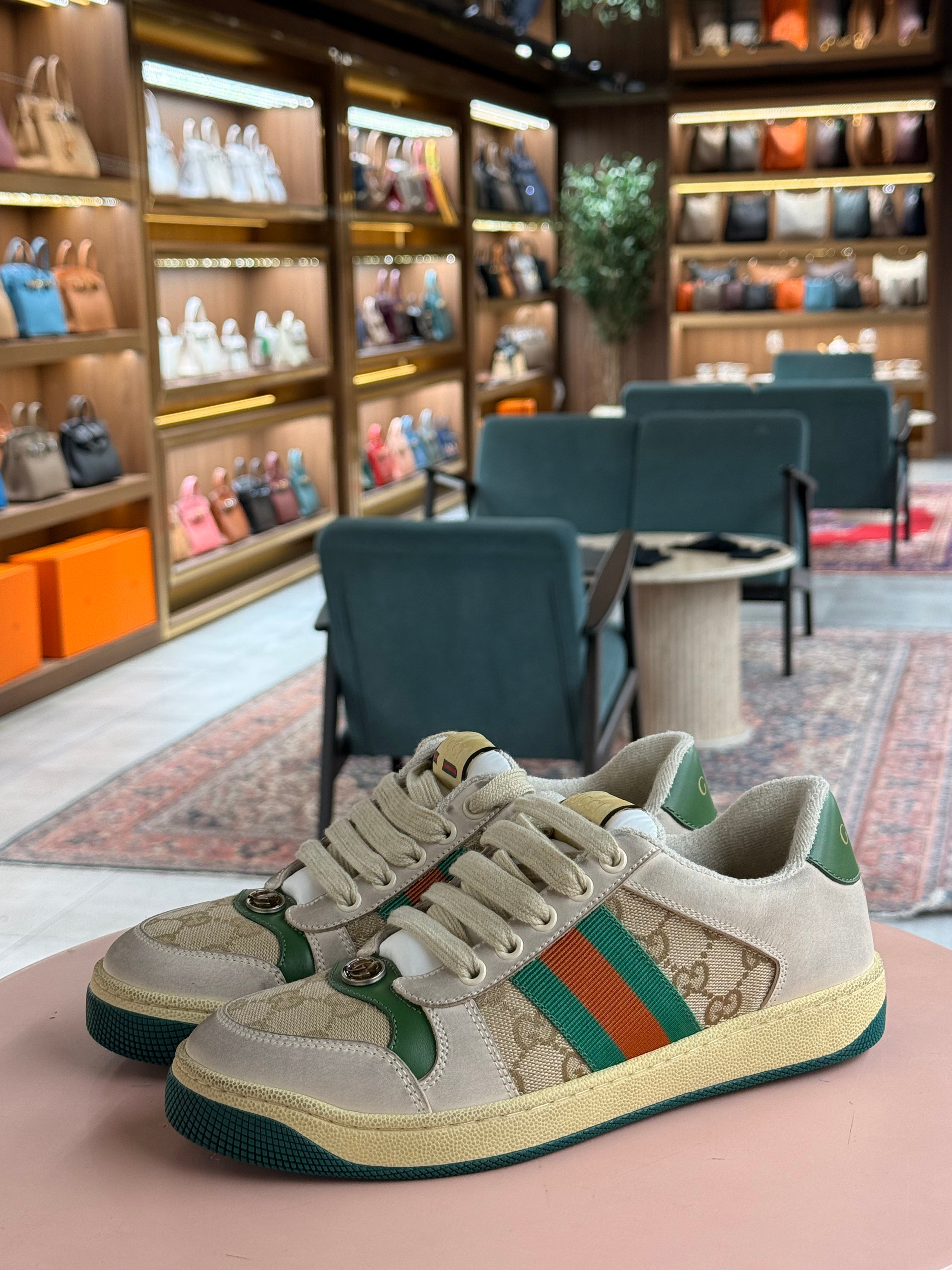 Gucci | Screener Trainer – Suede/Canvas – Beige/Green/Red – Gold Hardware