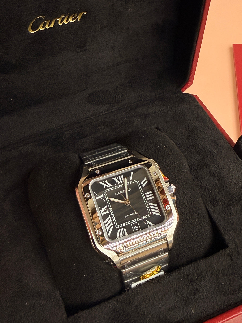 Cartier | Santos Man Watch – Stainless Steel – Black – Silver Hardware