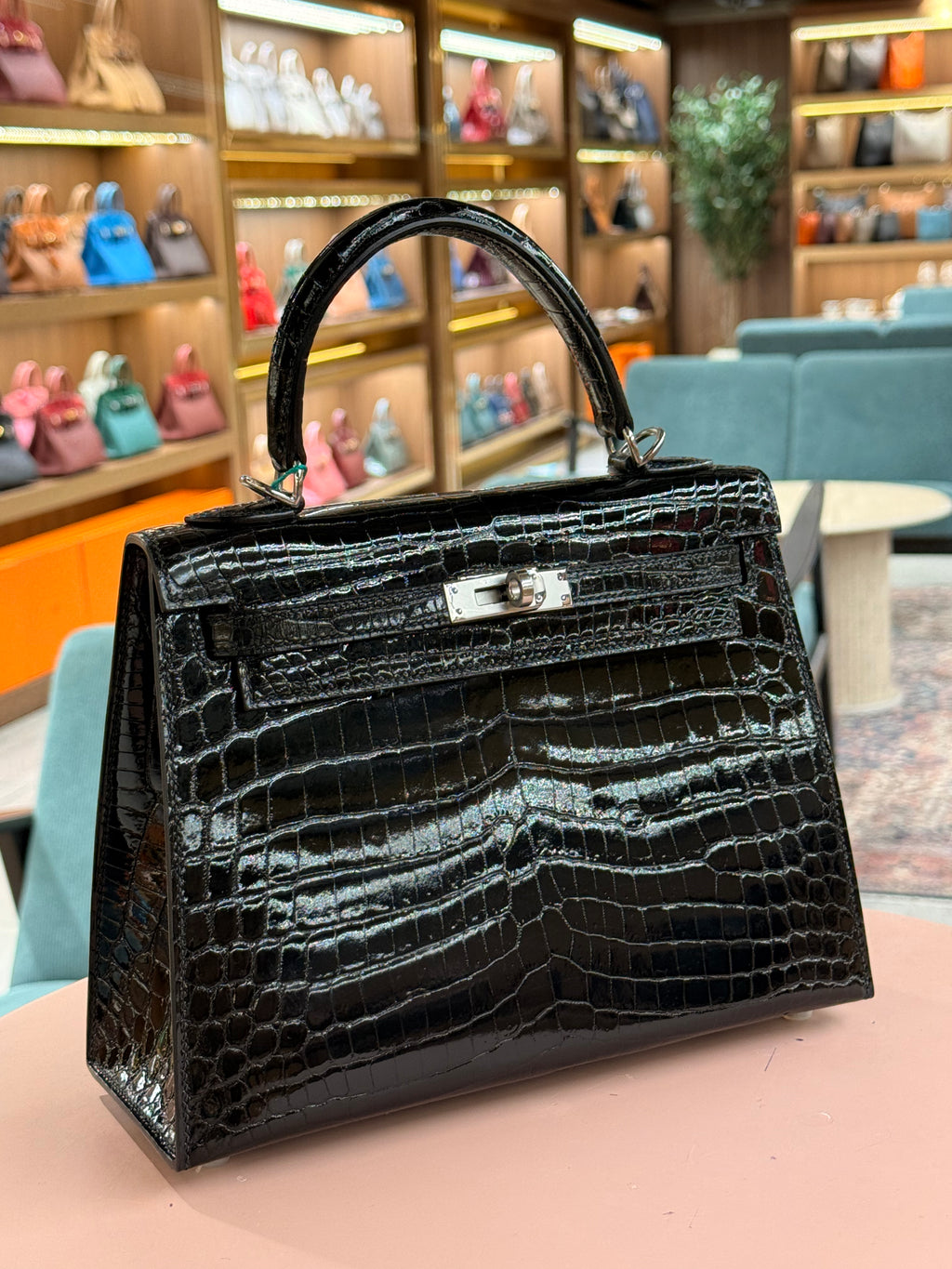 Hermes | Kelly (25) – Crocodile – Black – Palladium Hardware