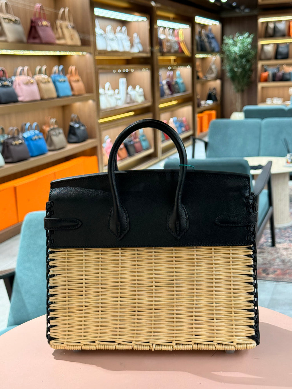 Hermes | Birkin Picnic (25) – Leather/Wicker – Black/Natural – Palladium Hardware