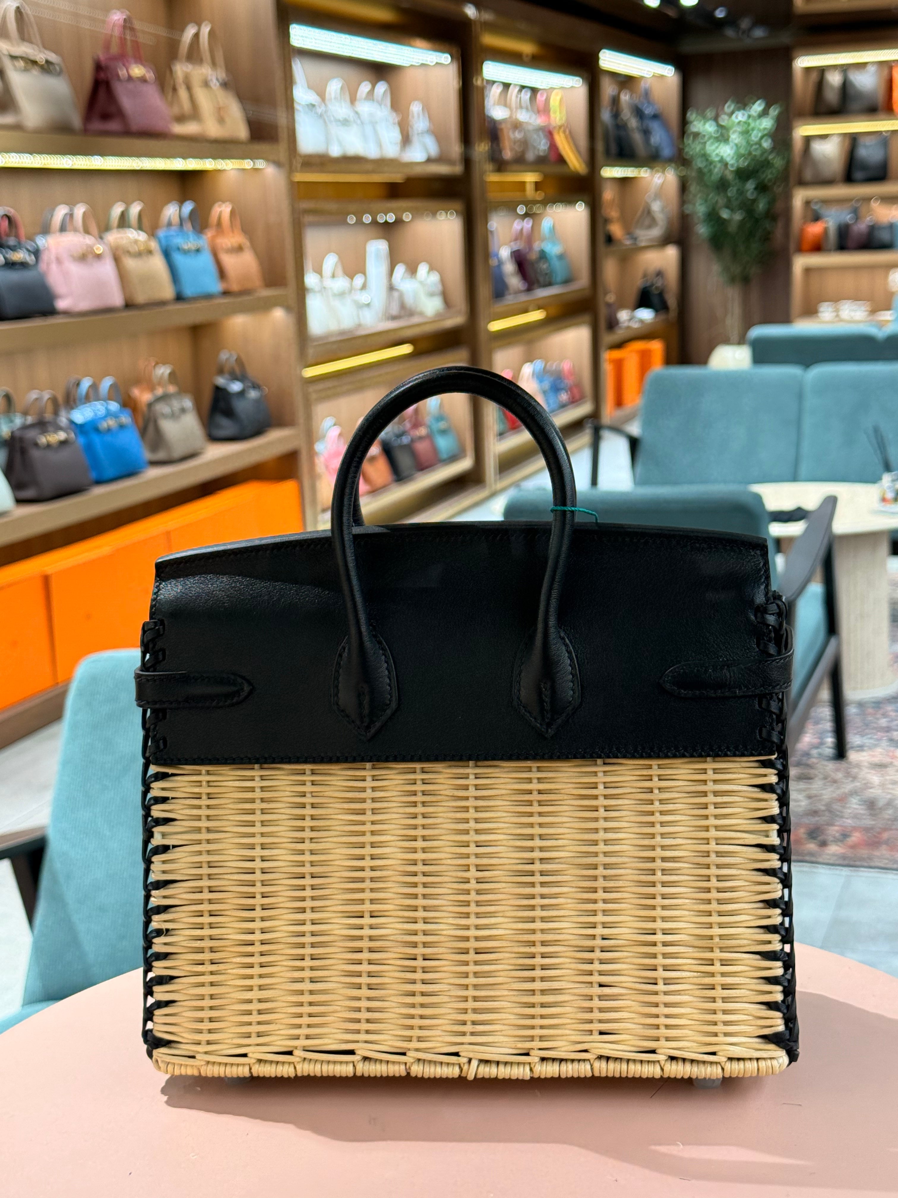Hermes | Birkin Picnic (25) – Leather/Wicker – Black/Natural – Palladium Hardware