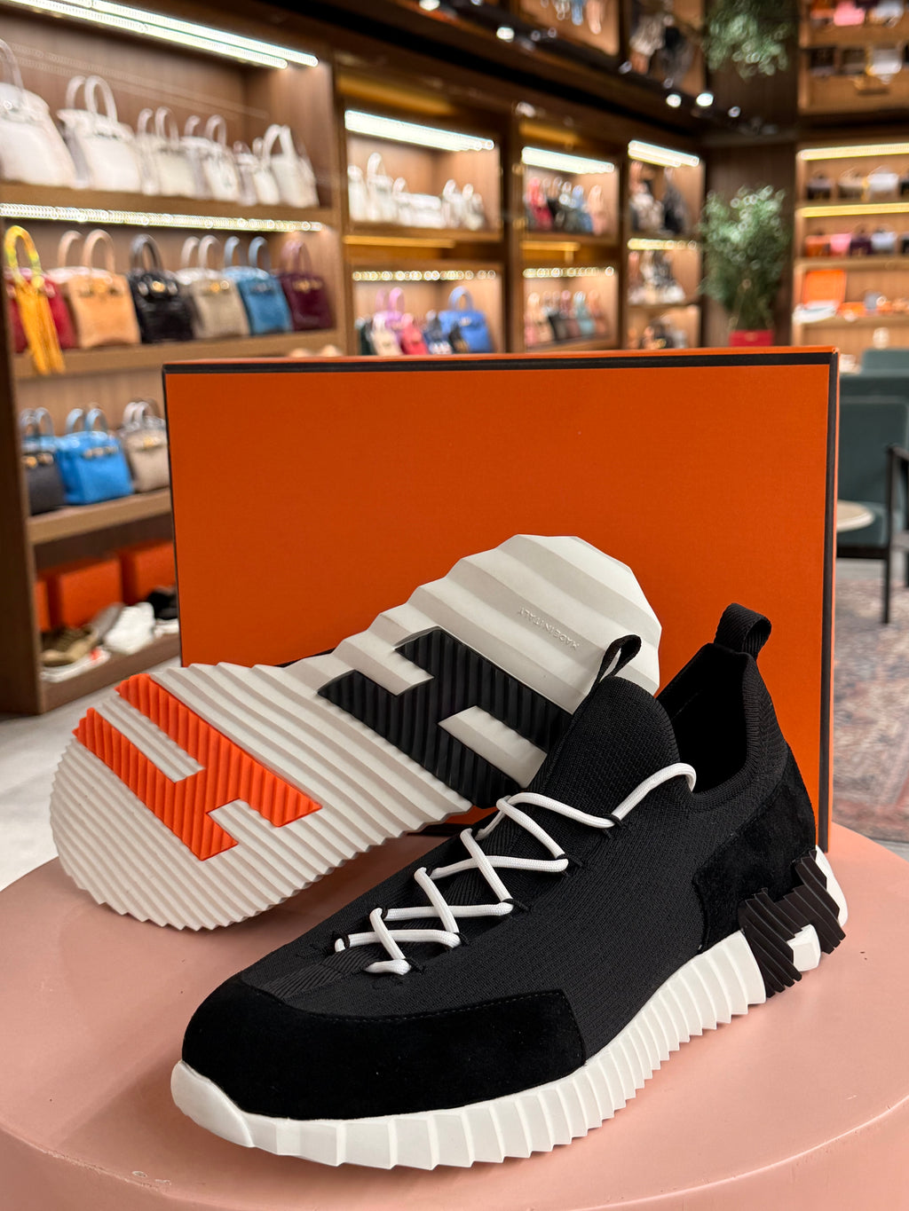 Hermes | Bouncing – Suede & Knit – Black – White Hardware