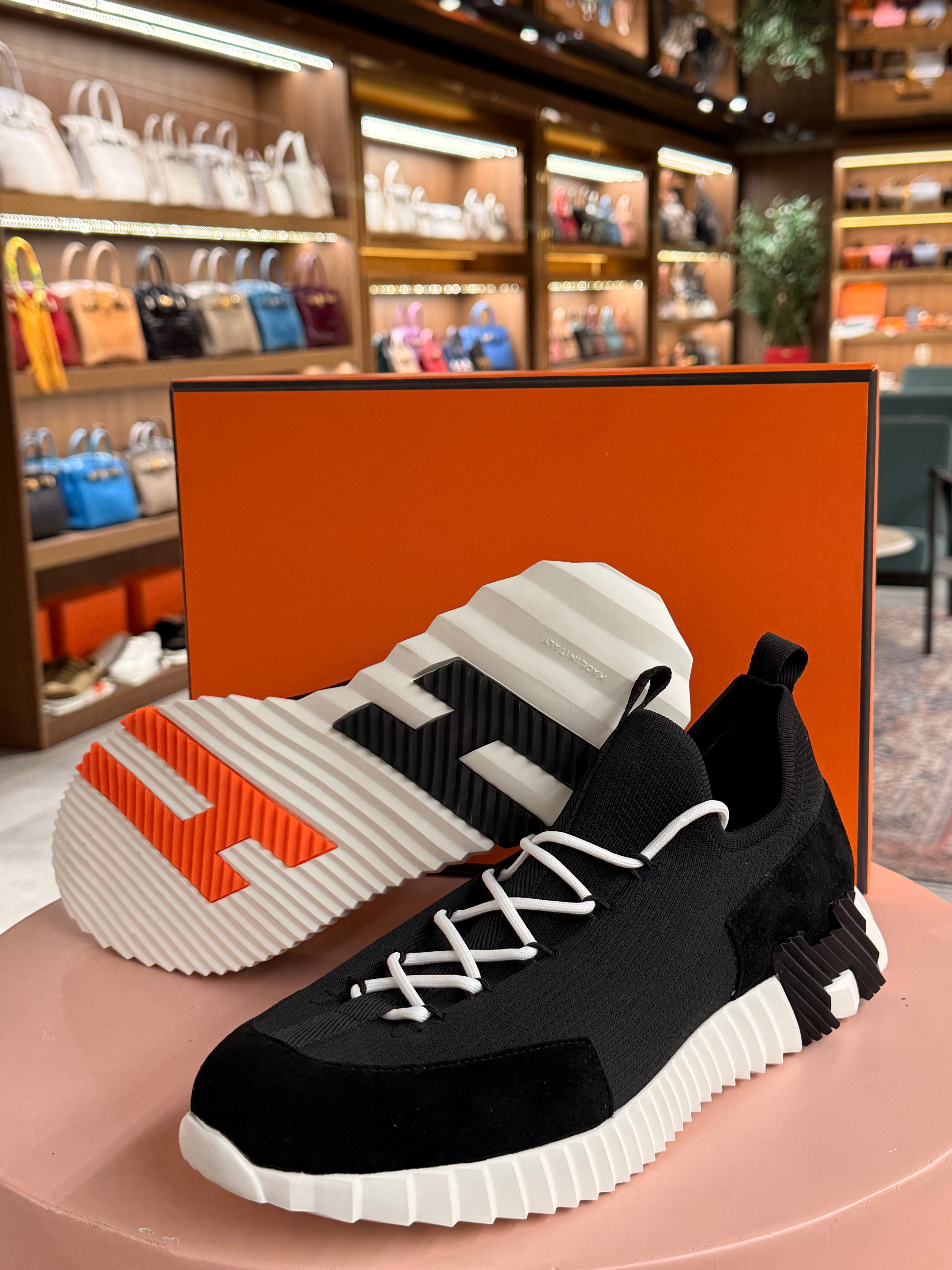 Hermes | Bouncing – Suede & Knit – Black – White Hardware
