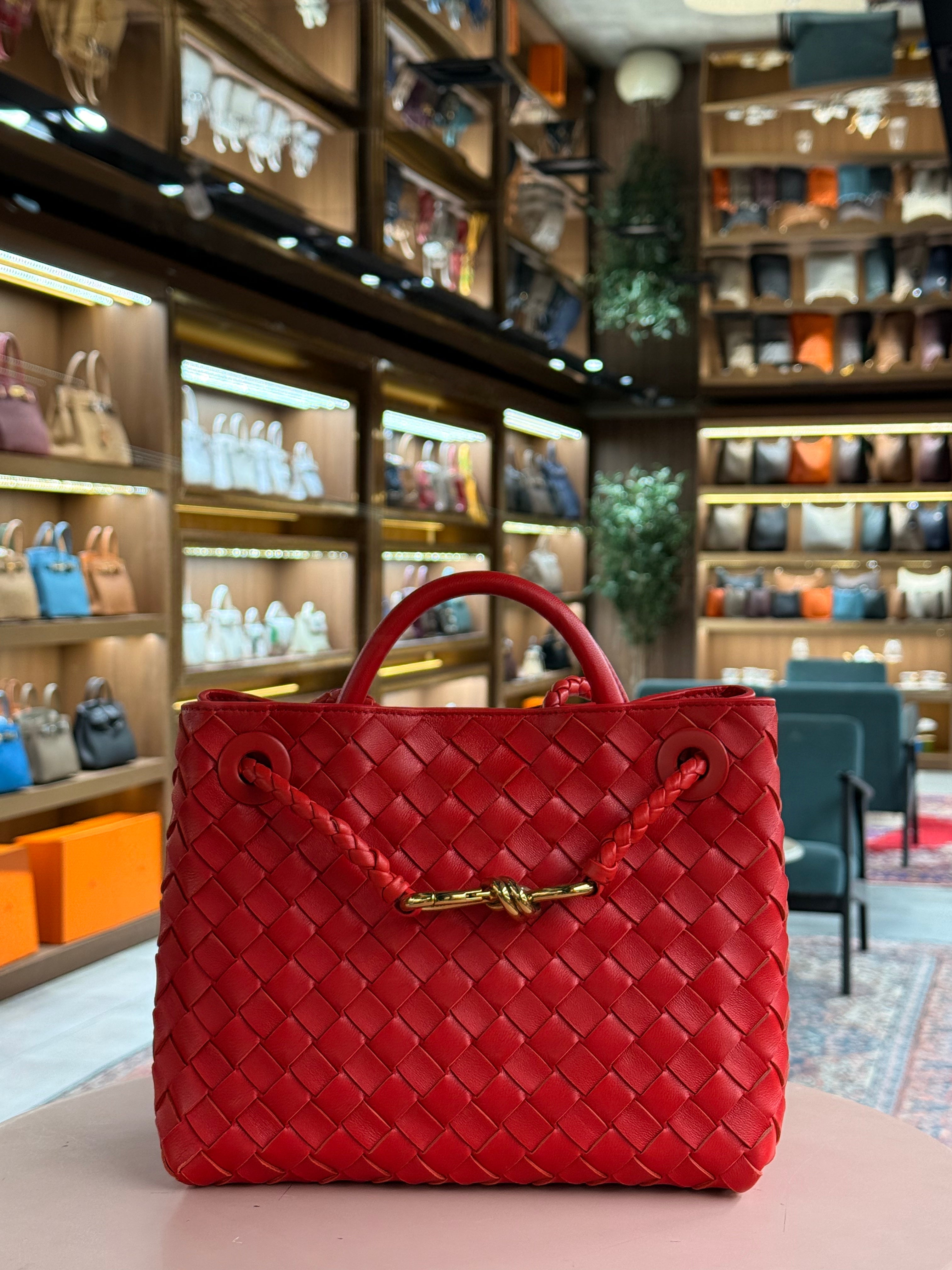 Bottega Veneta | Andiamo (Small) – Intrecciato – Red – Gold Hardware