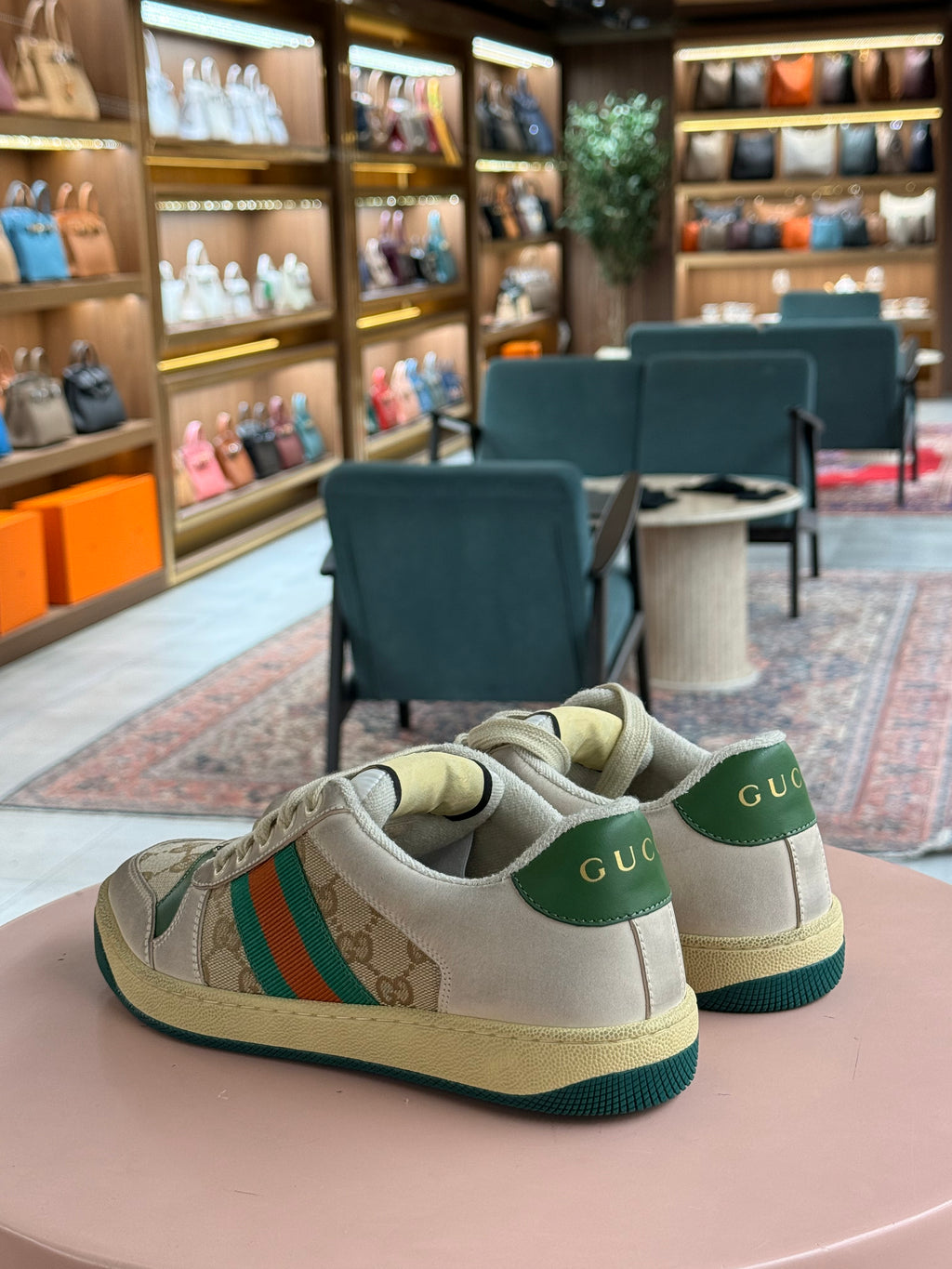 Gucci | Screener Trainer – Suede/Canvas – Beige/Green/Red – Gold Hardware