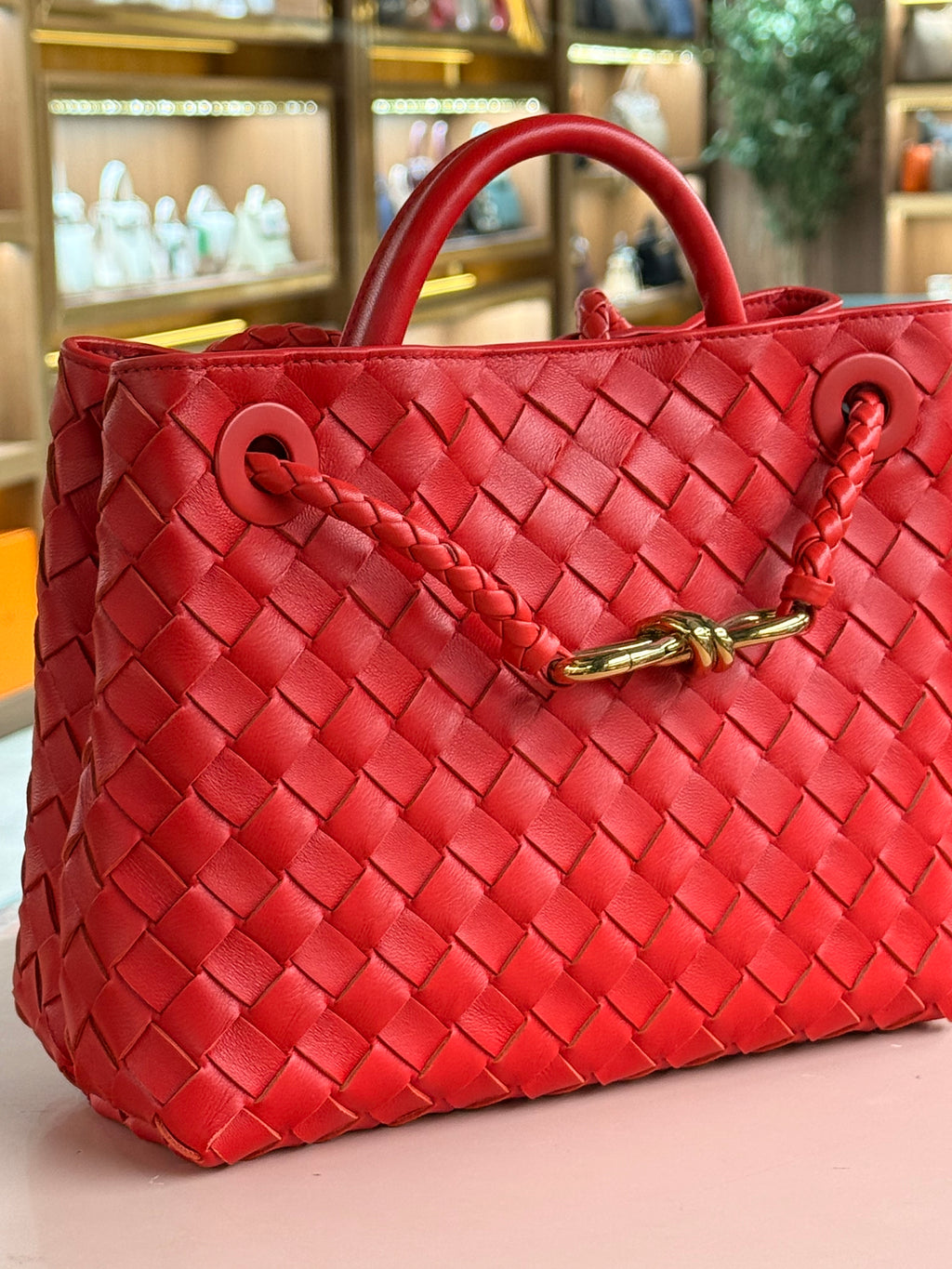 Bottega Veneta | Andiamo (Small) – Intrecciato – Red – Gold Hardware